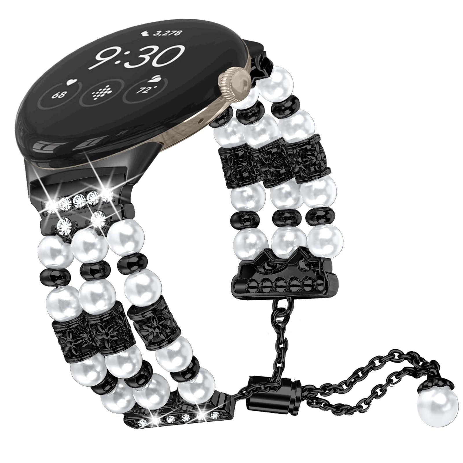 For Google Pixel WatchThree Rows Faux Pearls Beads Watch Band Replacement Wrist Strap Bracelet - Black