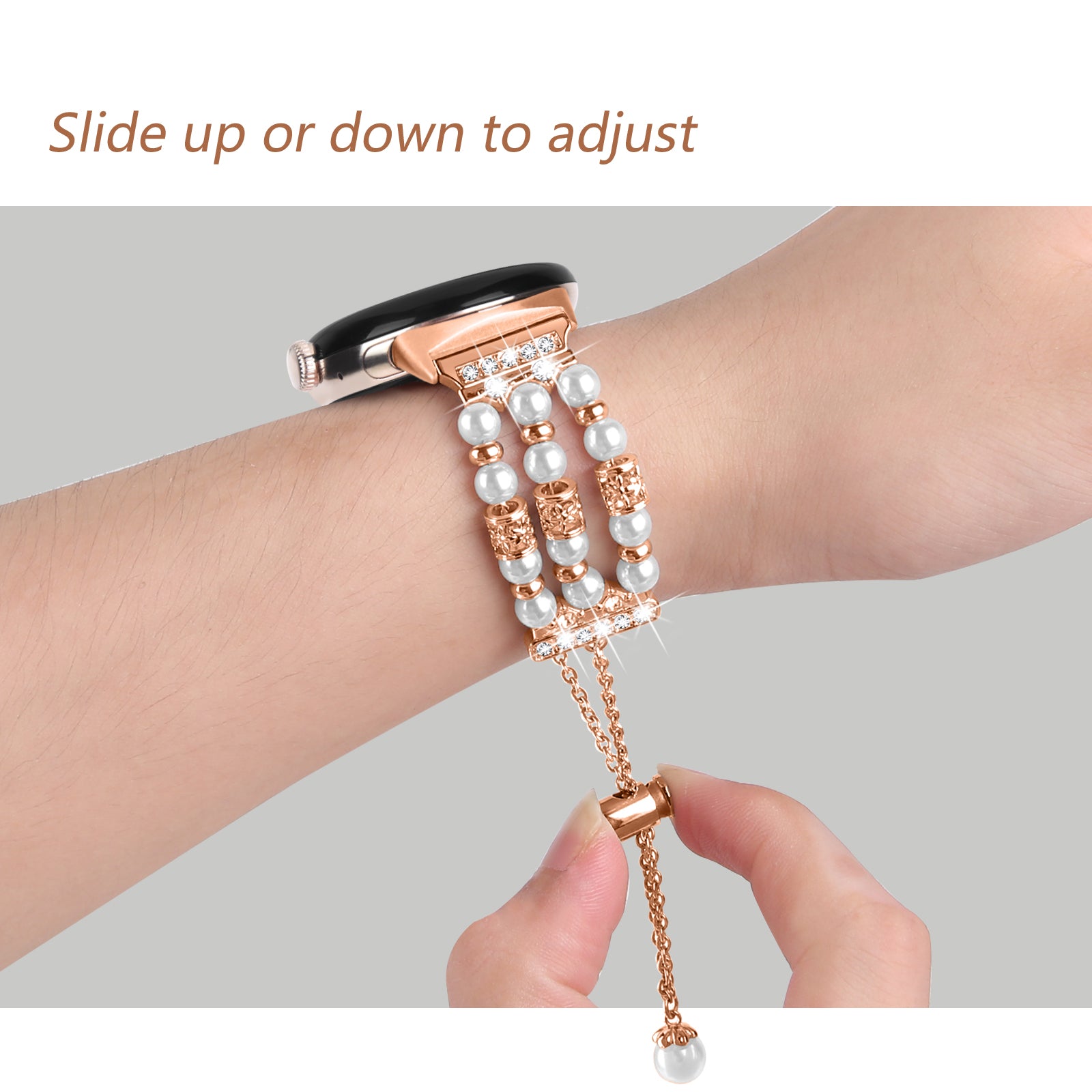 For Google Pixel WatchThree Rows Faux Pearls Beads Watch Band Replacement Wrist Strap Bracelet - Rose Gold
