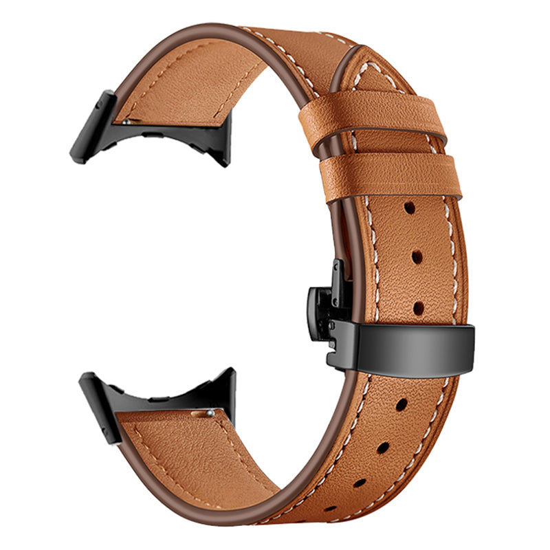 Butterfly Buckle Genuine Leather Strap for Google Pixel Watch, Replacement Watch Band - Black Buckle / Brown