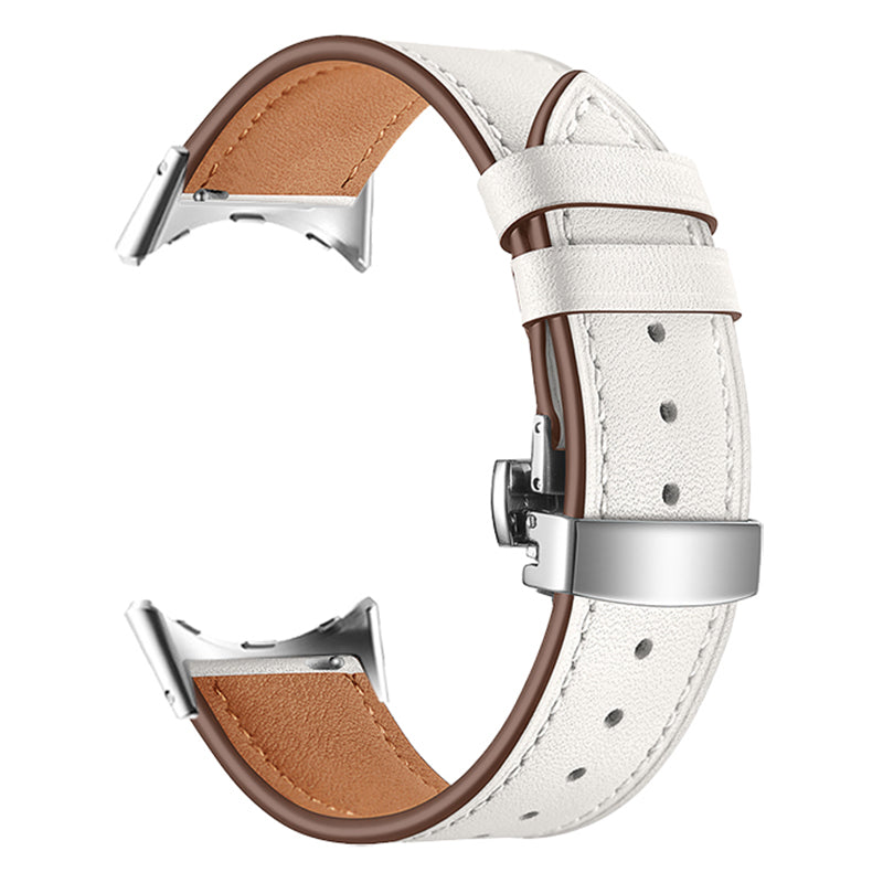Butterfly Buckle Genuine Leather Strap for Google Pixel Watch, Replacement Watch Band - Rose Gold Buckle / White