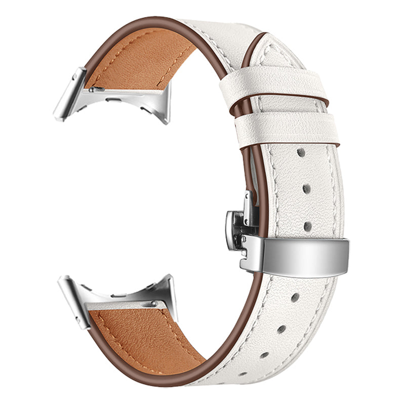 Butterfly Buckle Genuine Leather Strap for Google Pixel Watch, Replacement Watch Band - Silver Buckle / Apricot