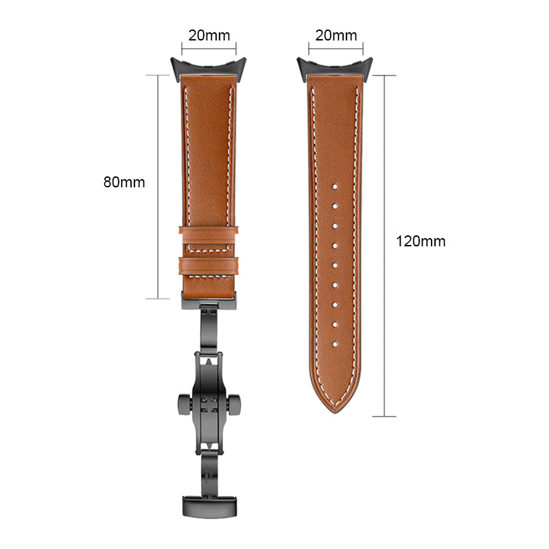 Butterfly Buckle Genuine Leather Strap for Google Pixel Watch, Replacement Watch Band - Silver Buckle / Apricot
