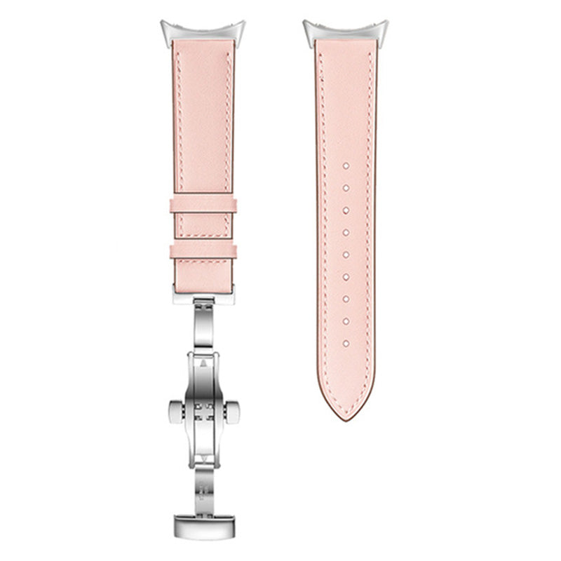 Butterfly Buckle Genuine Leather Strap for Google Pixel Watch, Replacement Watch Band - Silver Buckle / Pink