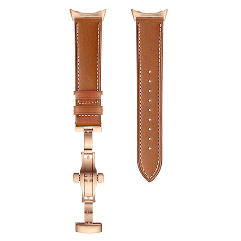 Butterfly Buckle Genuine Leather Strap for Google Pixel Watch, Replacement Watch Band - Rose Gold Buckle / Brown