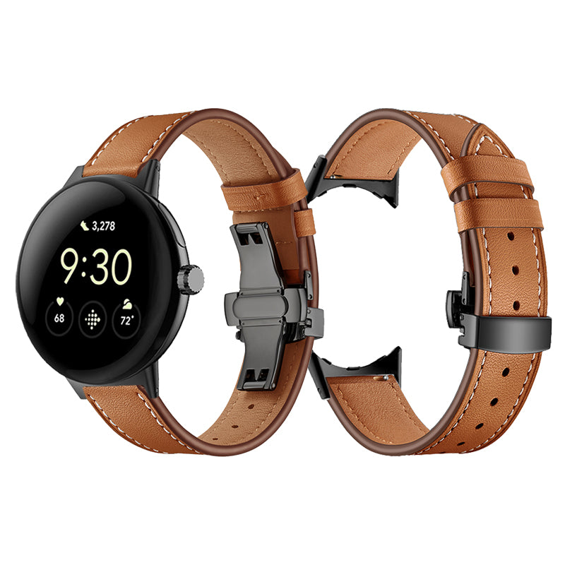 Butterfly Buckle Genuine Leather Strap for Google Pixel Watch, Replacement Watch Band - Rose Gold Buckle / Brown