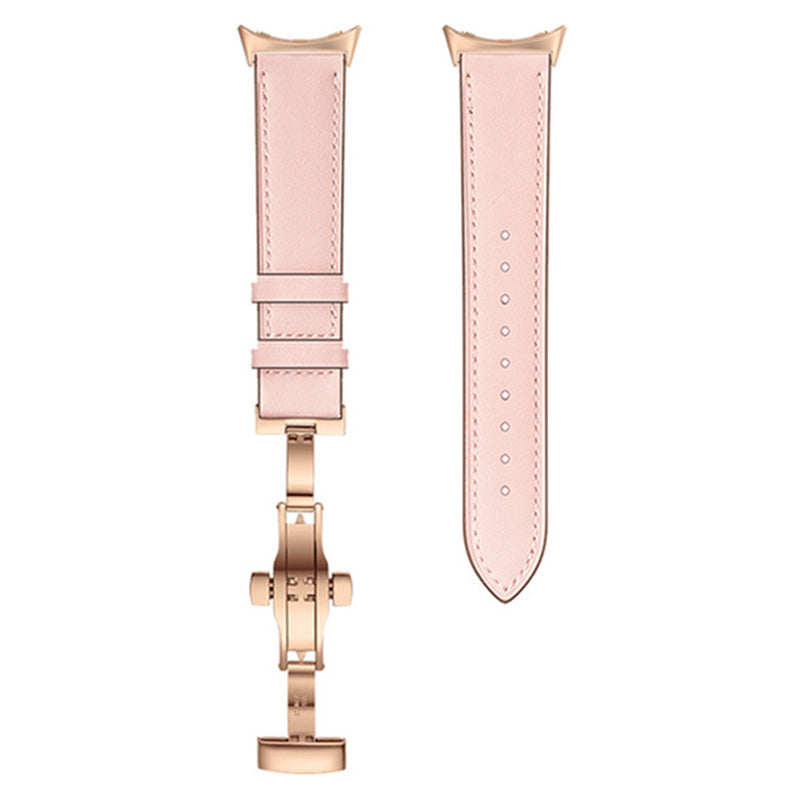 Butterfly Buckle Genuine Leather Strap for Google Pixel Watch, Replacement Watch Band - Rose Gold Buckle / Pink