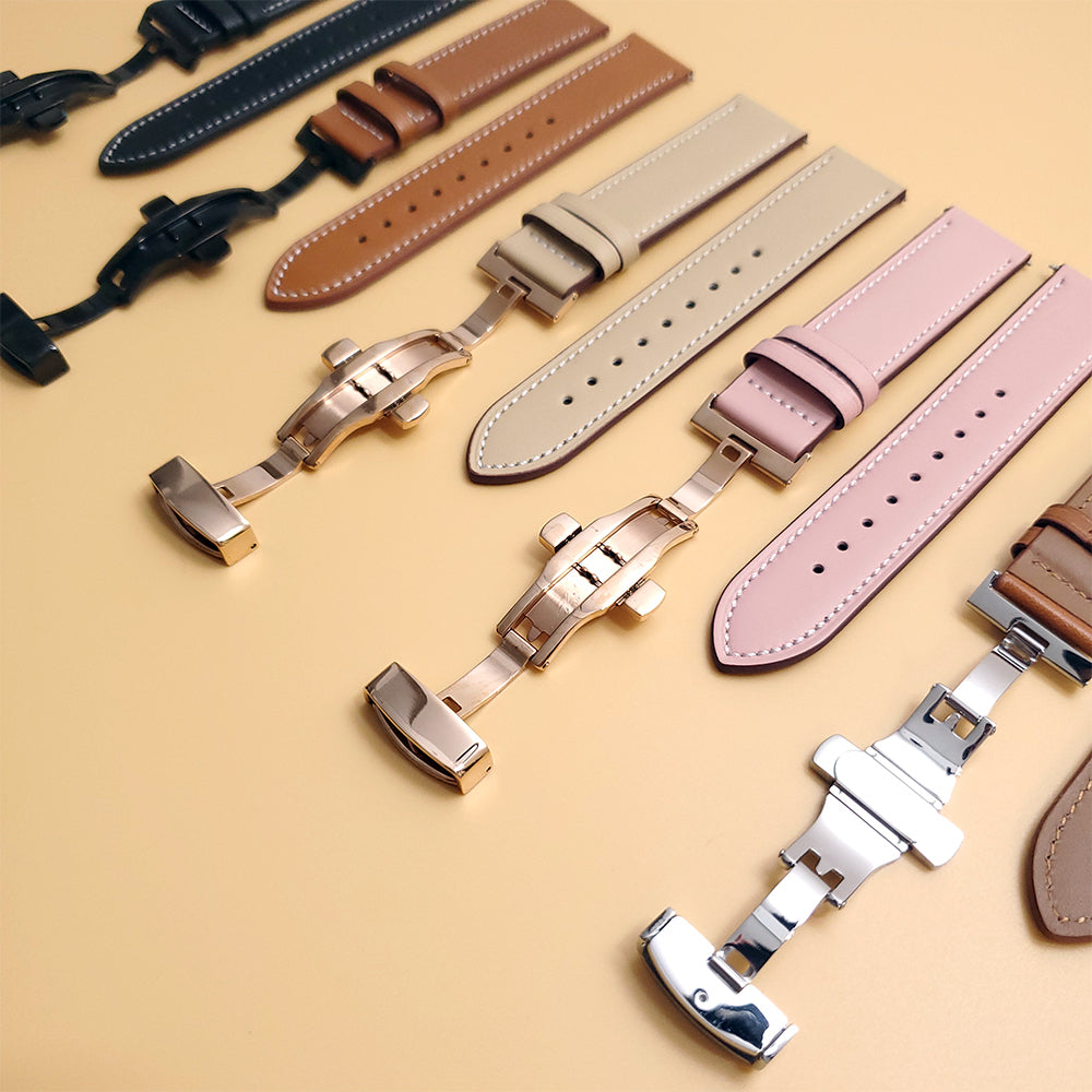 Butterfly Buckle Genuine Leather Strap for Google Pixel Watch, Replacement Watch Band - Rose Gold Buckle / Pink
