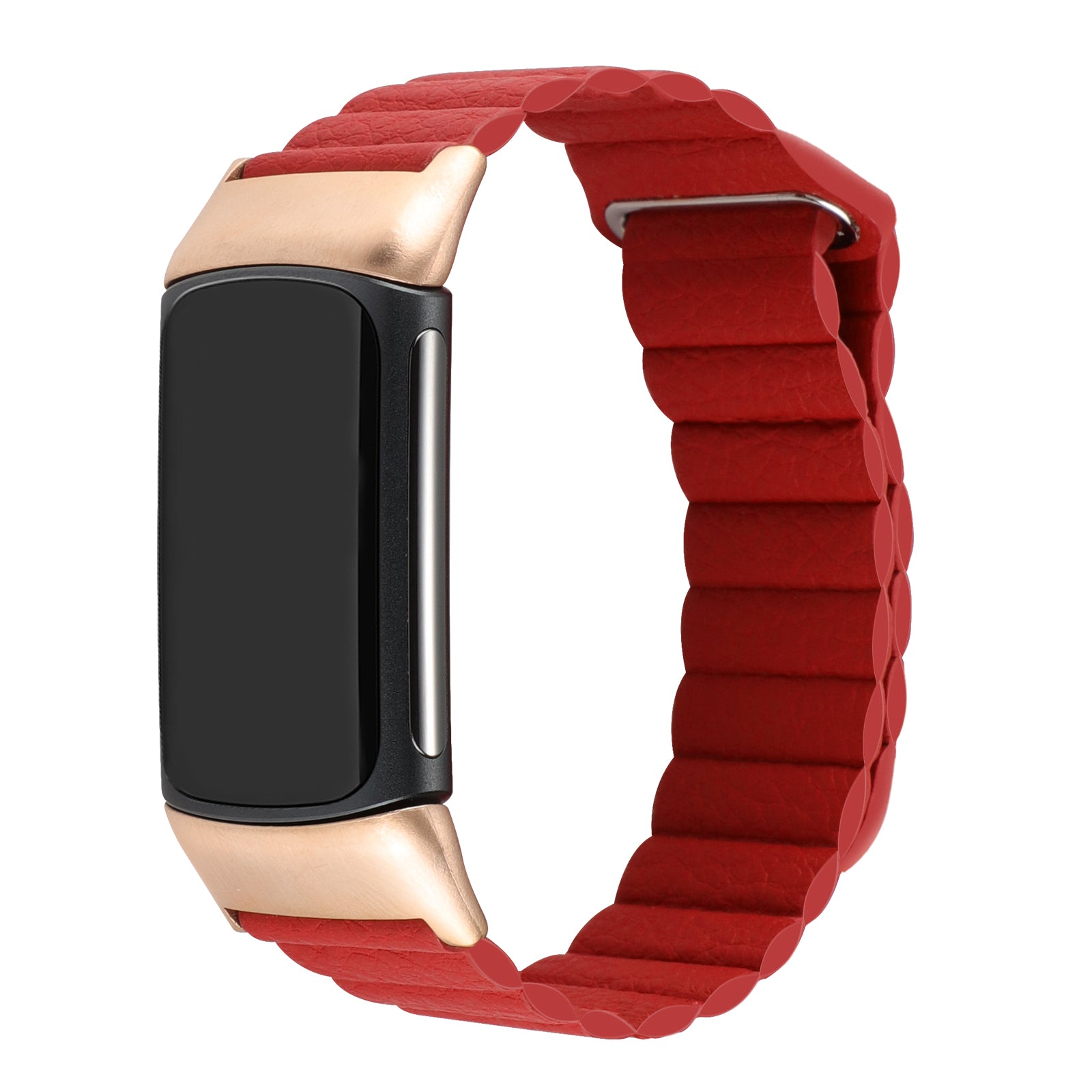 For Fitbit Charge 5 Replacement Magnetic Wrist Band Genuine Leather Adjustable Watch Strap - Red