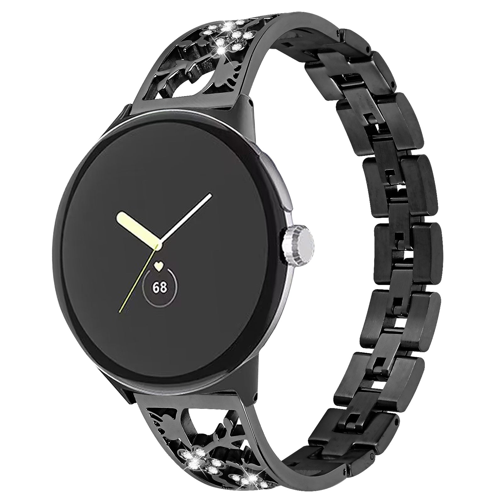 For Google Pixel Watch 304 Stainless Steel Bracelet Rhinestone Decor Plum Wrist Strap Detachable Watch Band - Black