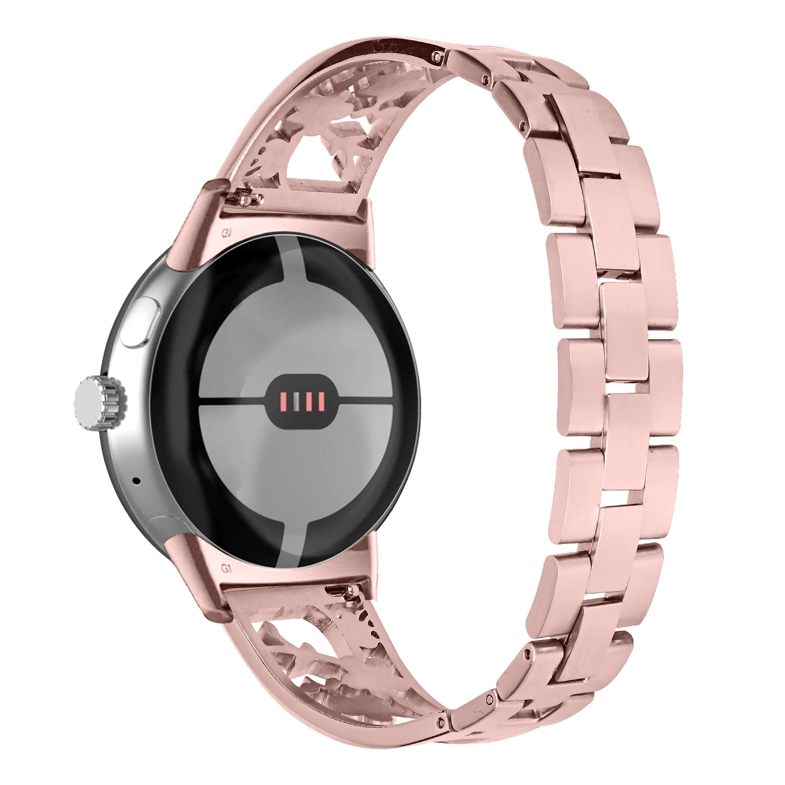 For Google Pixel Watch 304 Stainless Steel Bracelet Rhinestone Decor Plum Wrist Strap Detachable Watch Band - Rose Pink