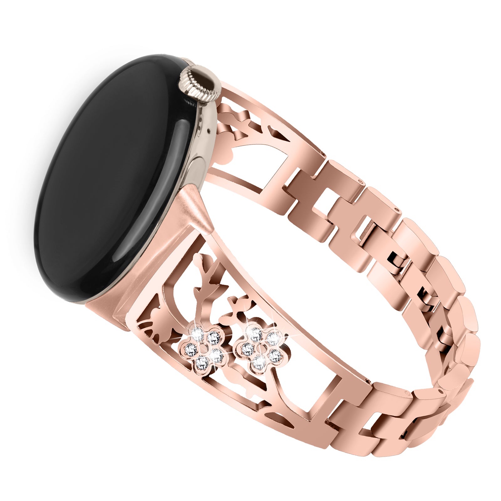 For Google Pixel Watch 304 Stainless Steel Bracelet Rhinestone Decor Plum Wrist Strap Detachable Watch Band - Rose Gold