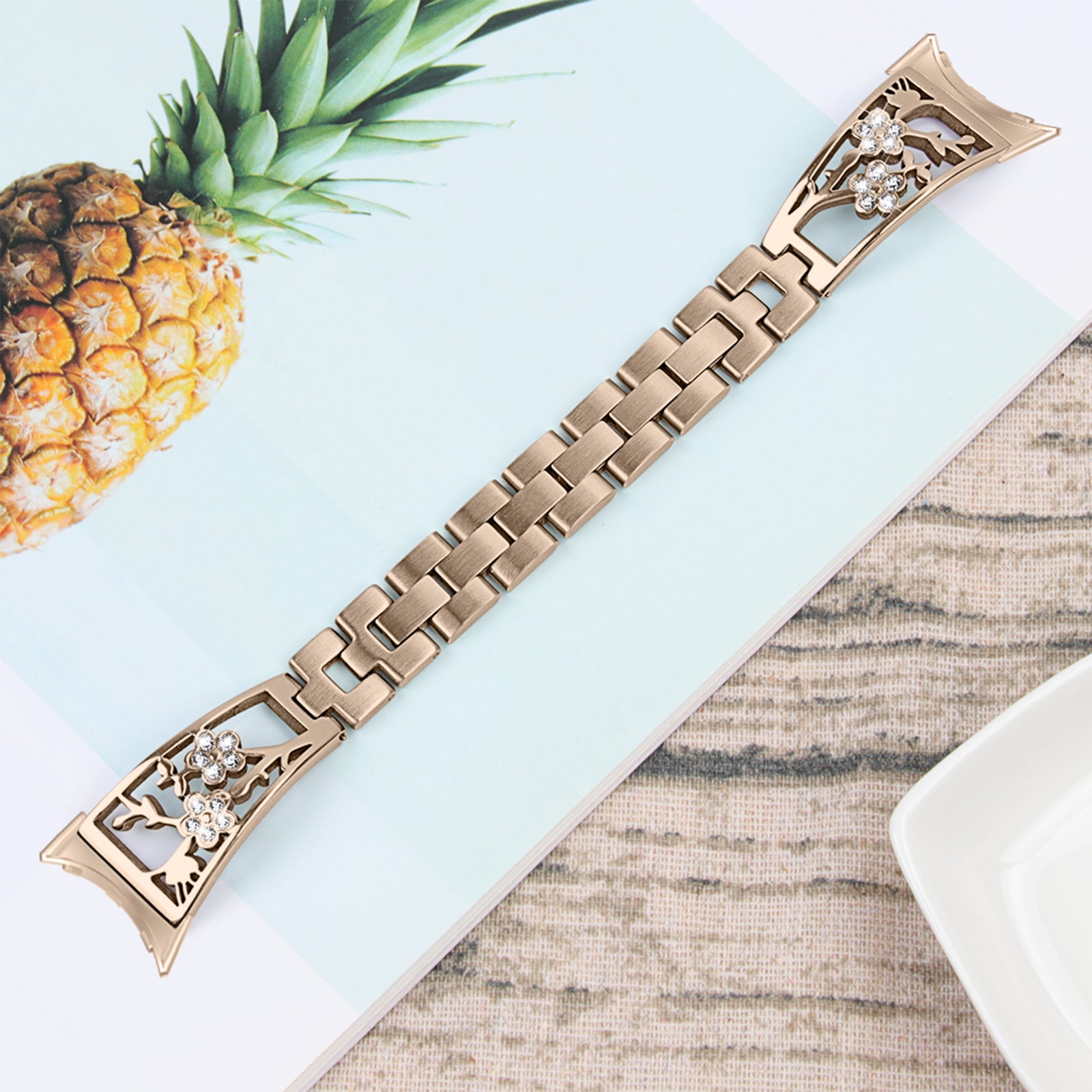 For Google Pixel Watch 304 Stainless Steel Bracelet Rhinestone Decor Plum Wrist Strap Detachable Watch Band - Champagne Gold