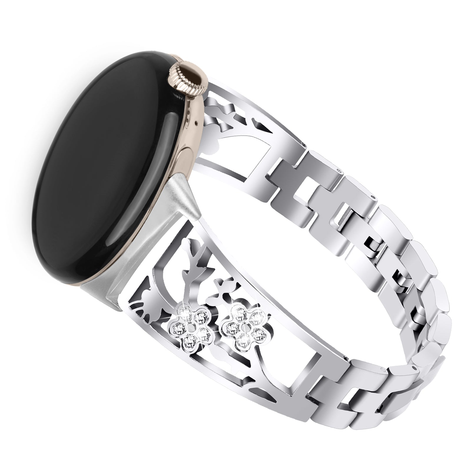 For Google Pixel Watch Rhinestone Decor Plum Design Wrist Strap 304 Stainless Steel Detachable Watch Band Bracelet - Silver