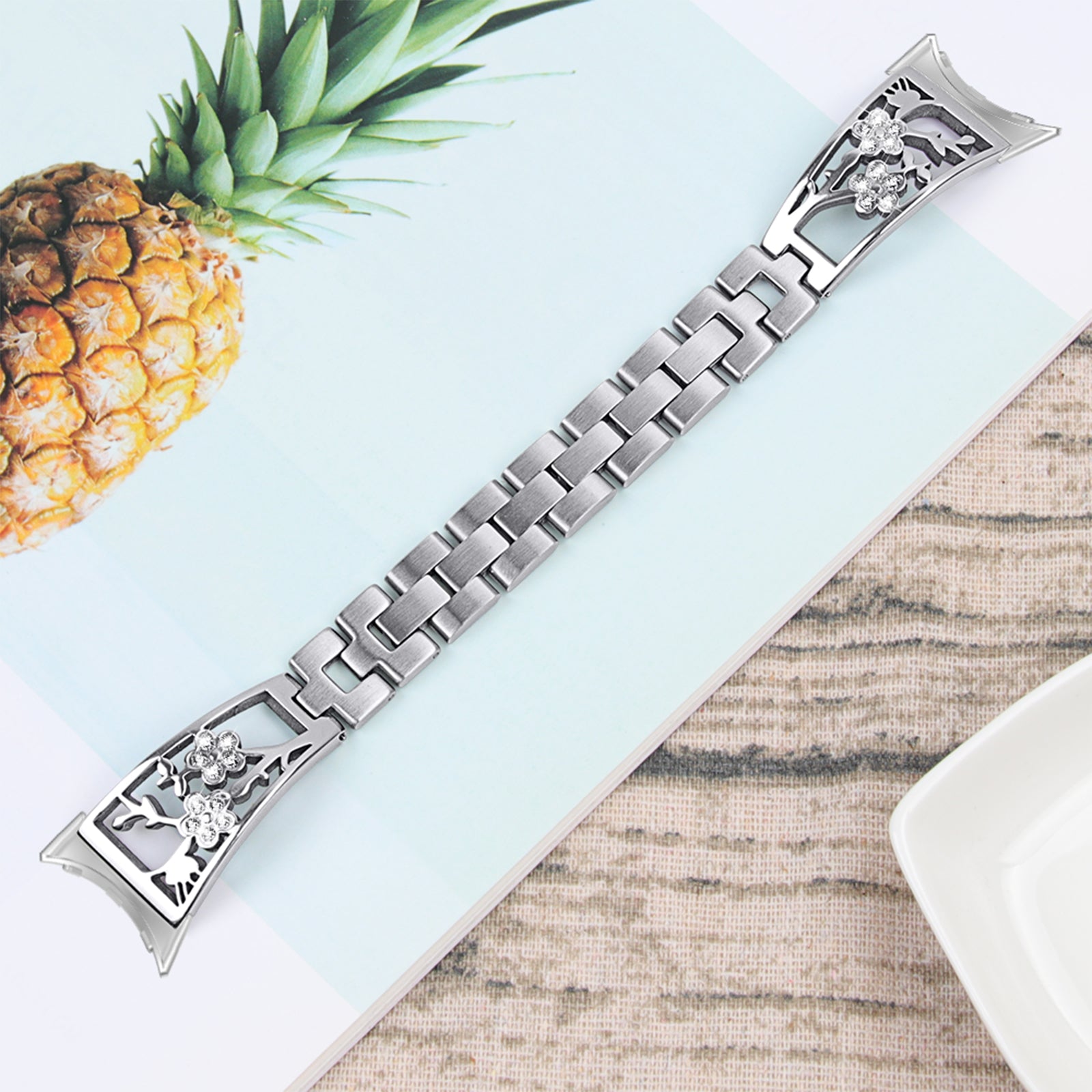 For Google Pixel Watch Rhinestone Decor Plum Design Wrist Strap 304 Stainless Steel Detachable Watch Band Bracelet - Silver
