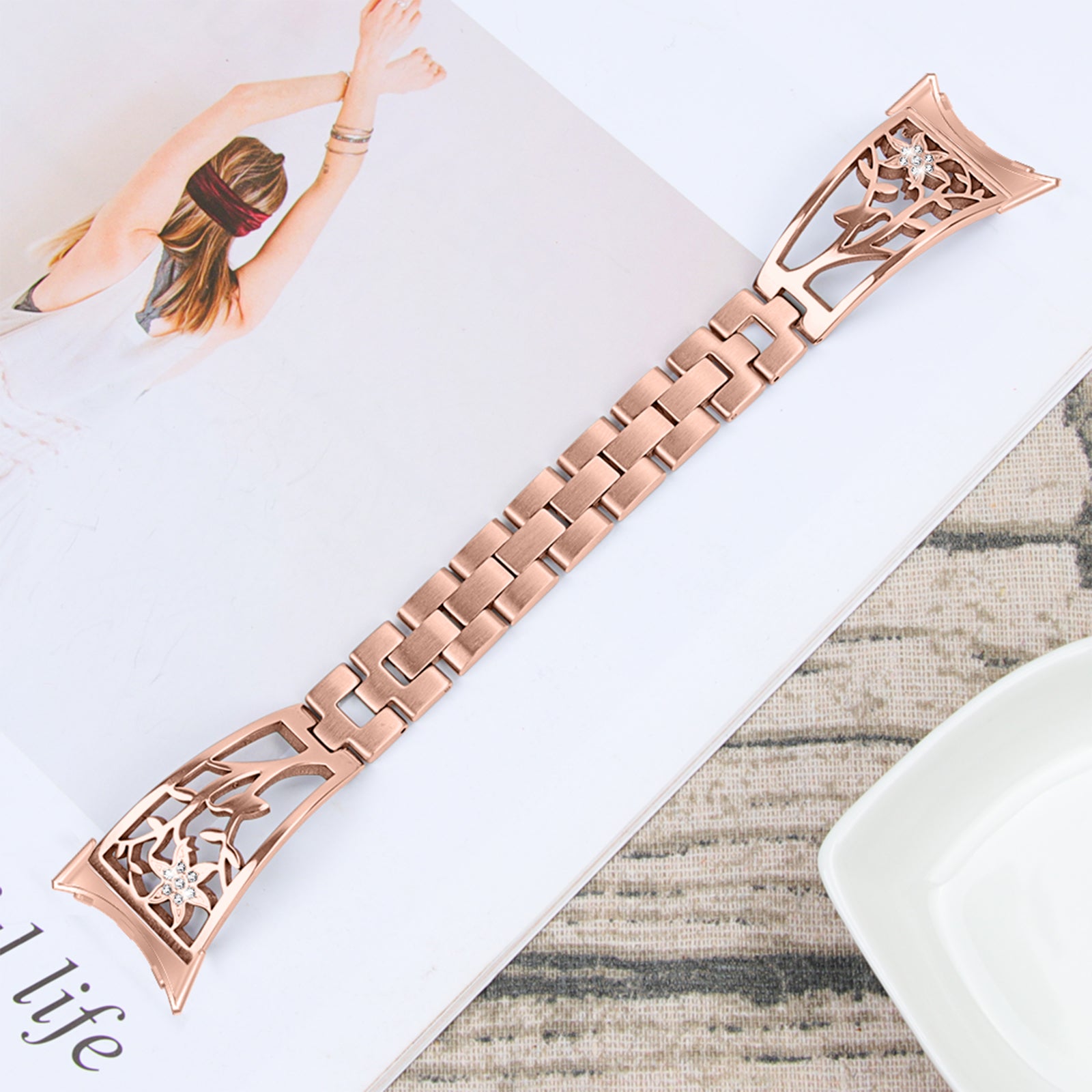 Metal Watch Band for Google Pixel Watch Rhinestone Decorated Watch Strap - Rose Gold