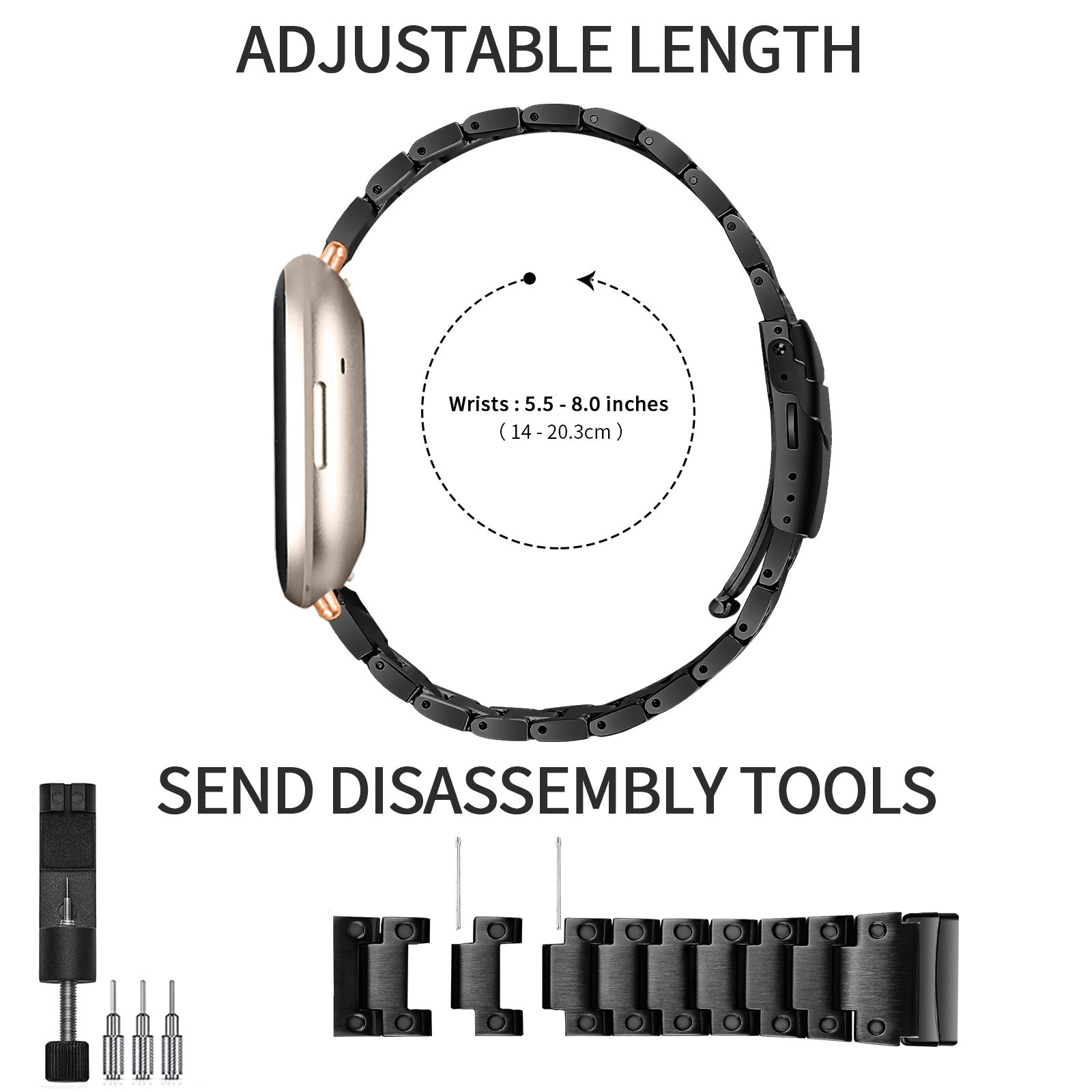 For Fitbit Versa 4 / Sense 2 Stainless Steel Watch Band Three Bead Replacement Watch Strap - Black