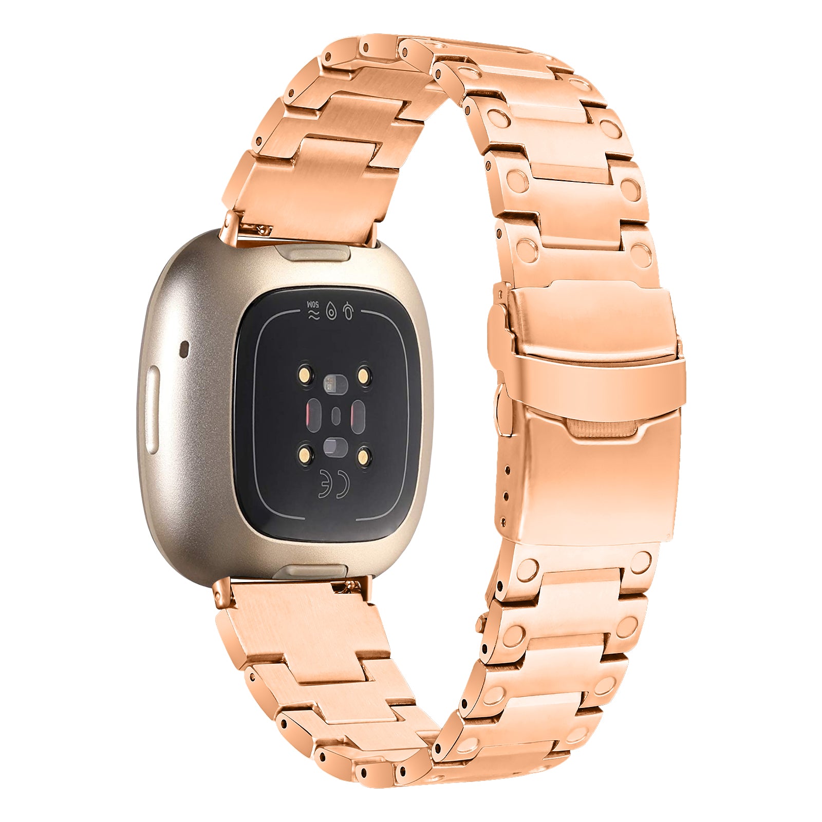 For Fitbit Versa 3 / Sense Watch Strap Three Bead Stainless Steel Wrist Band Replacement - Rose Gold