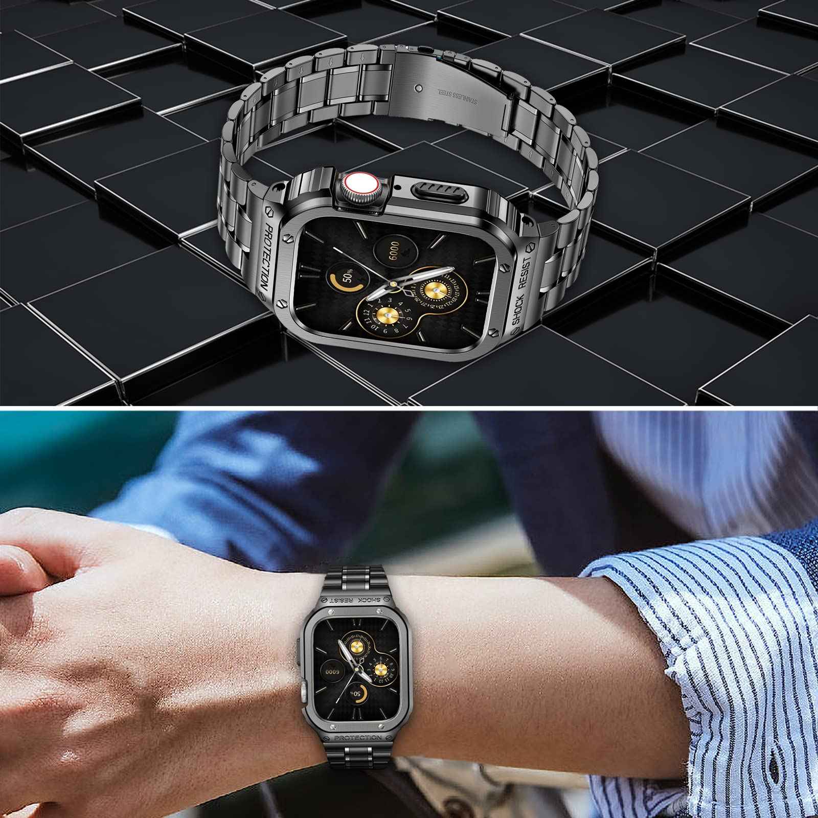 For Apple Watch Series 8 / 7 45mm / Series 6 / 5 / 4 / SE (2022) / SE 44mm 5 Beads Metal Watch Strap Integral Watch Band with Case - Tarnish