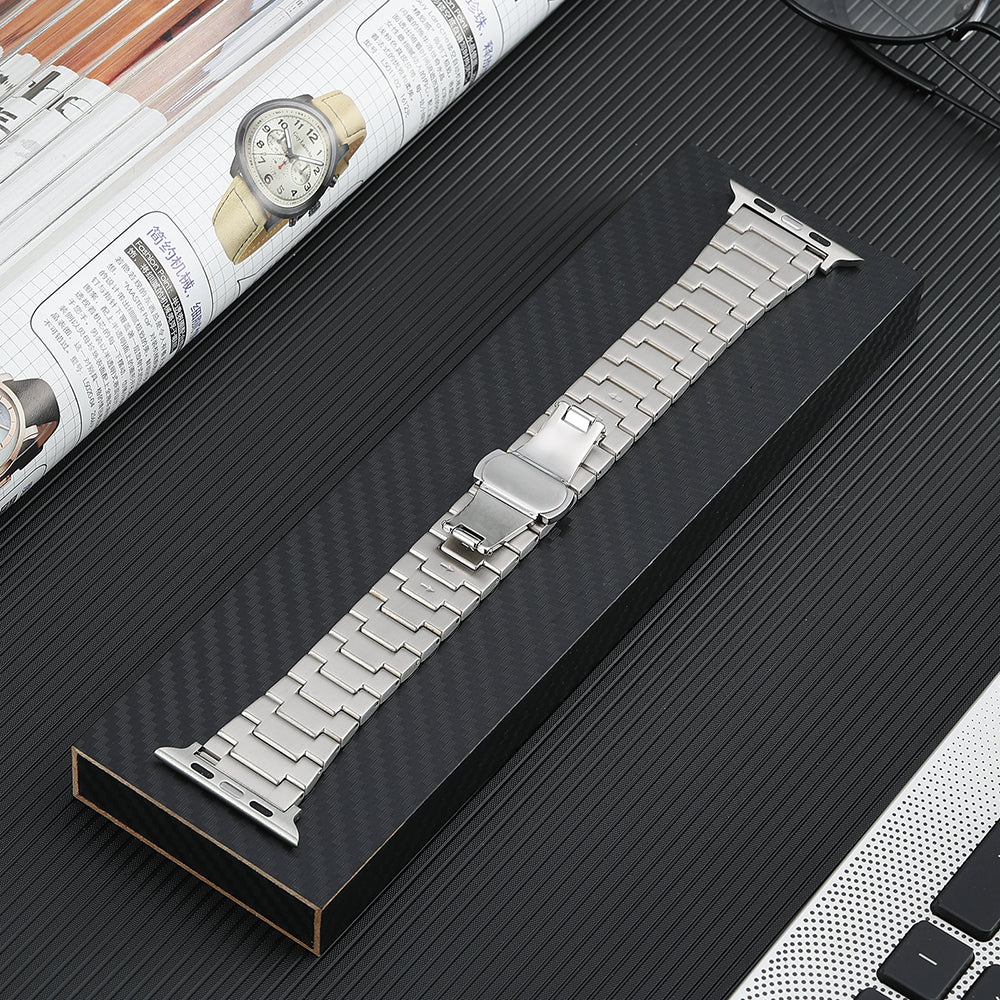 Metal Band for Apple Watch Ultra 49mm / Series 8 7 45mm / Series 6 5 4 SE (2022) SE 45mm / Series 3 2 1 42mm , 3-Bead Titanium Steel Watch Strap with Butterfly Clasp - Silver - UNIQBUY