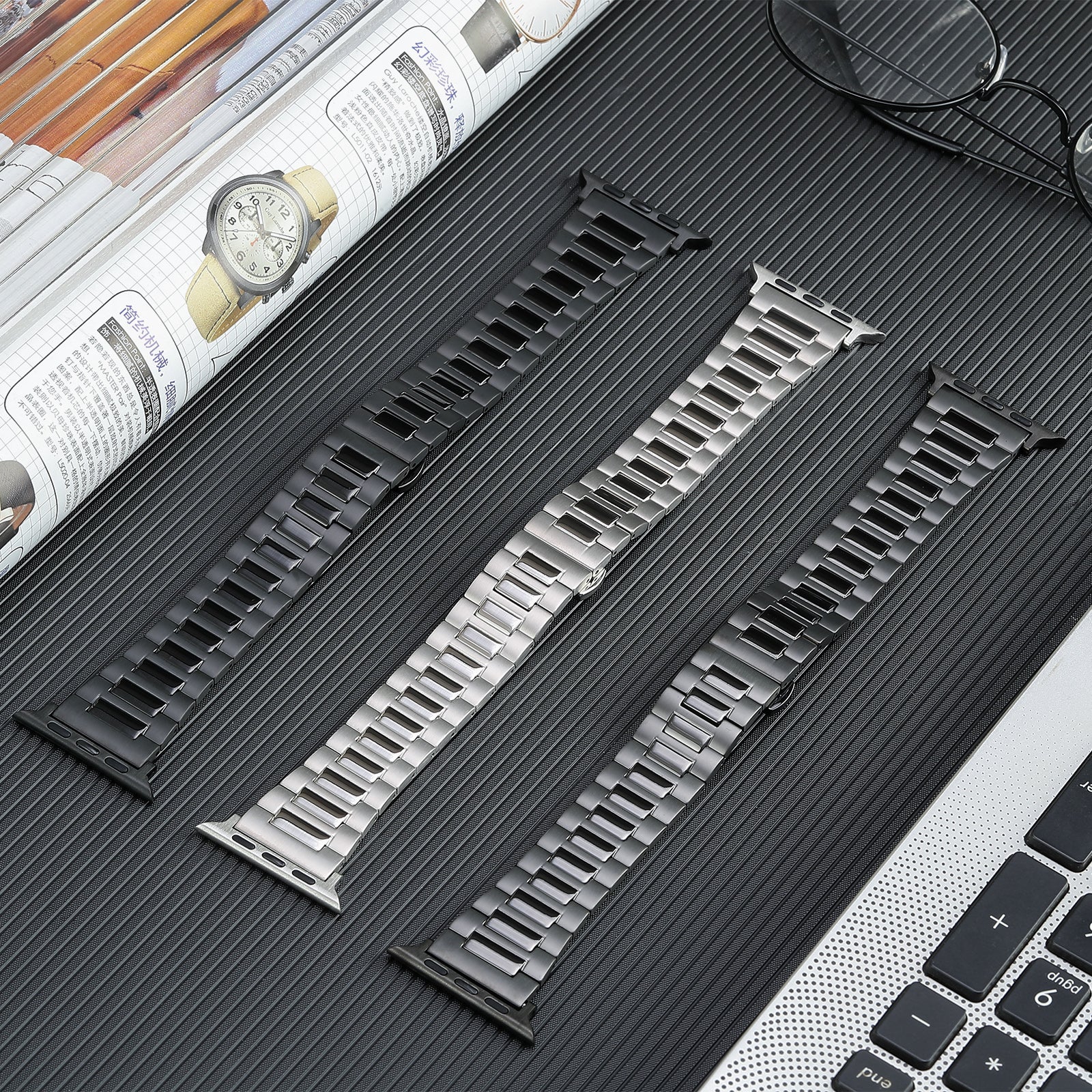 Metal Band for Apple Watch Ultra 49mm / Series 8 7 45mm / Series 6 5 4 SE (2022) SE 45mm / Series 3 2 1 42mm , 3-Bead Titanium Steel Watch Strap with Butterfly Clasp - Silver - UNIQBUY