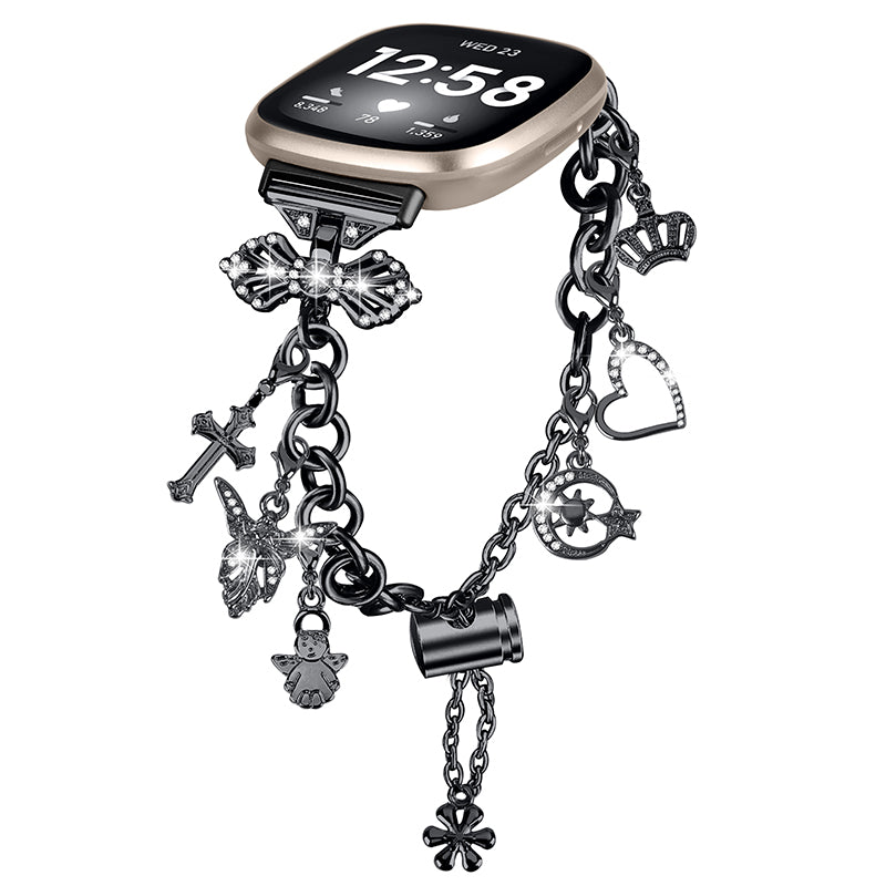 For Fitbit Versa 4 / Sense 2 Adjustable Watch Band Decorative Pendant Bracelet DIY Strap - Black
