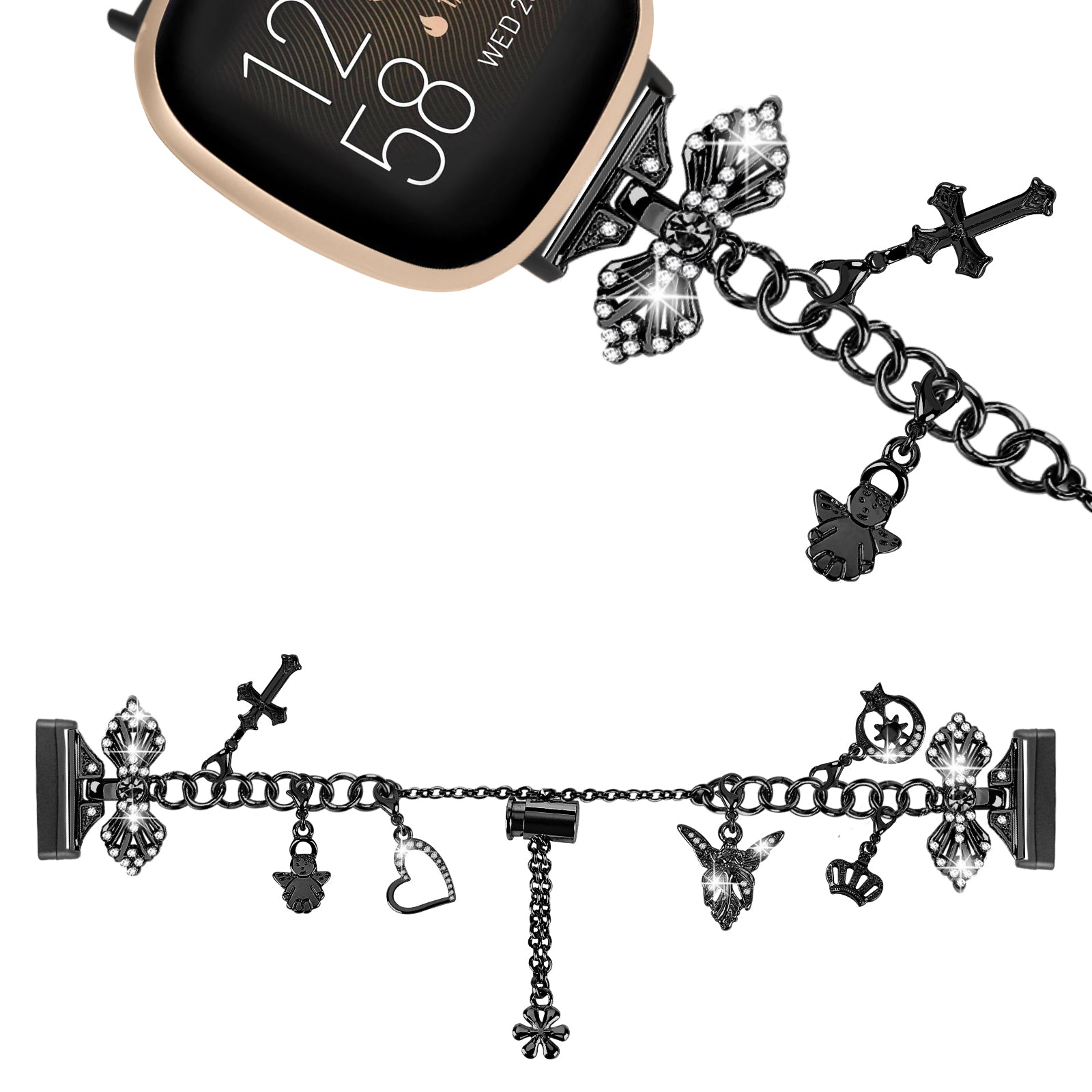 For Fitbit Versa 4 / Sense 2 Adjustable Watch Band Decorative Pendant Bracelet DIY Strap - Black