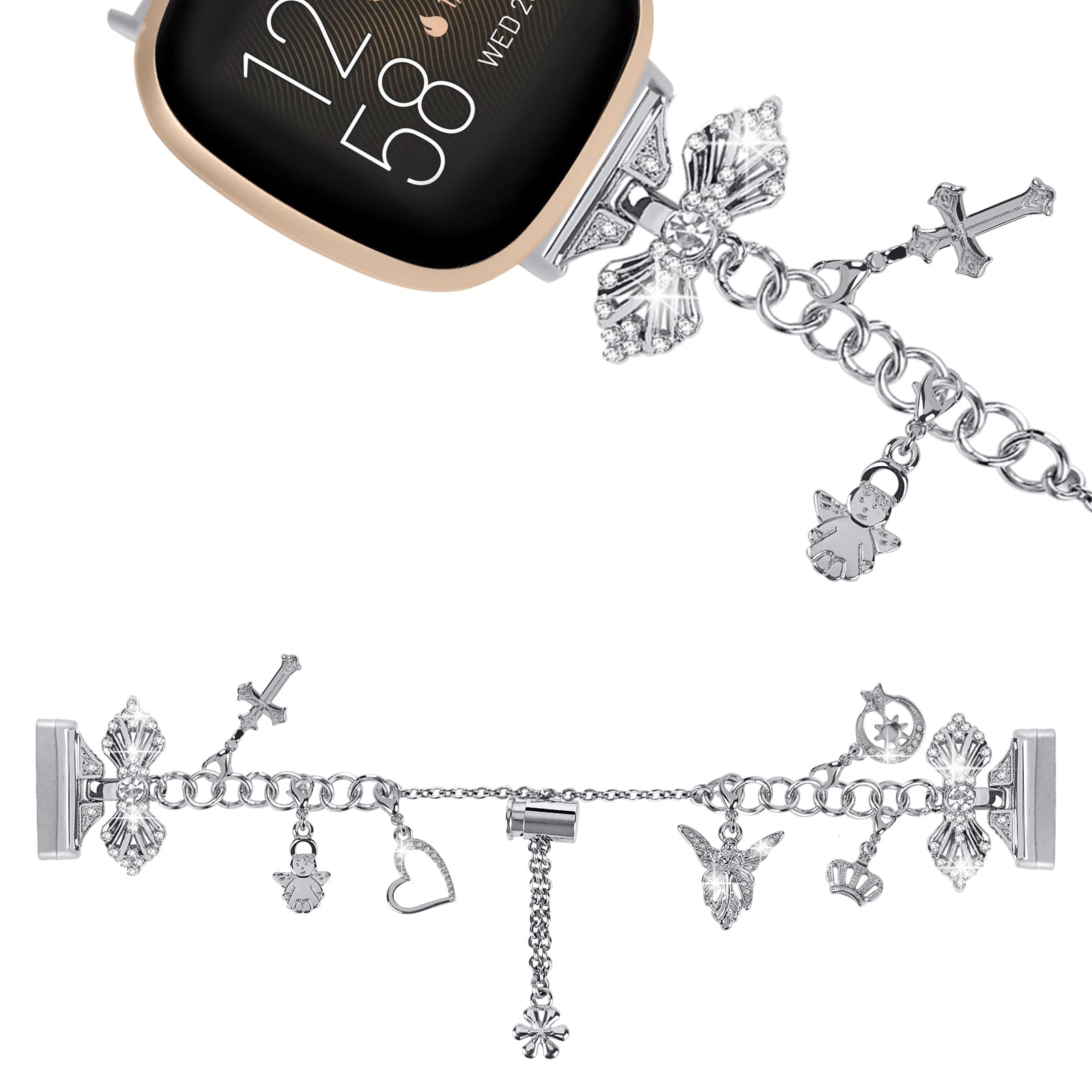 For Fitbit Versa 4 / Sense 2 Adjustable Watch Band Decorative Pendant Bracelet DIY Strap - Silver