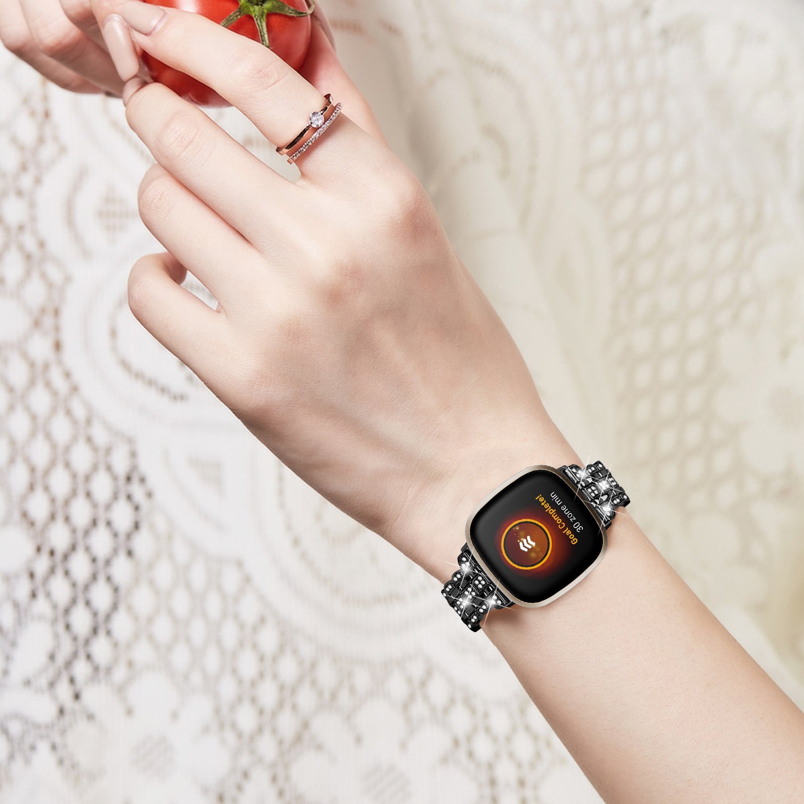 For Fitbit Versa 4 / Sense 2 Metal Wristband Rhinestone Decor Shiny Replacement Bracelet - Black