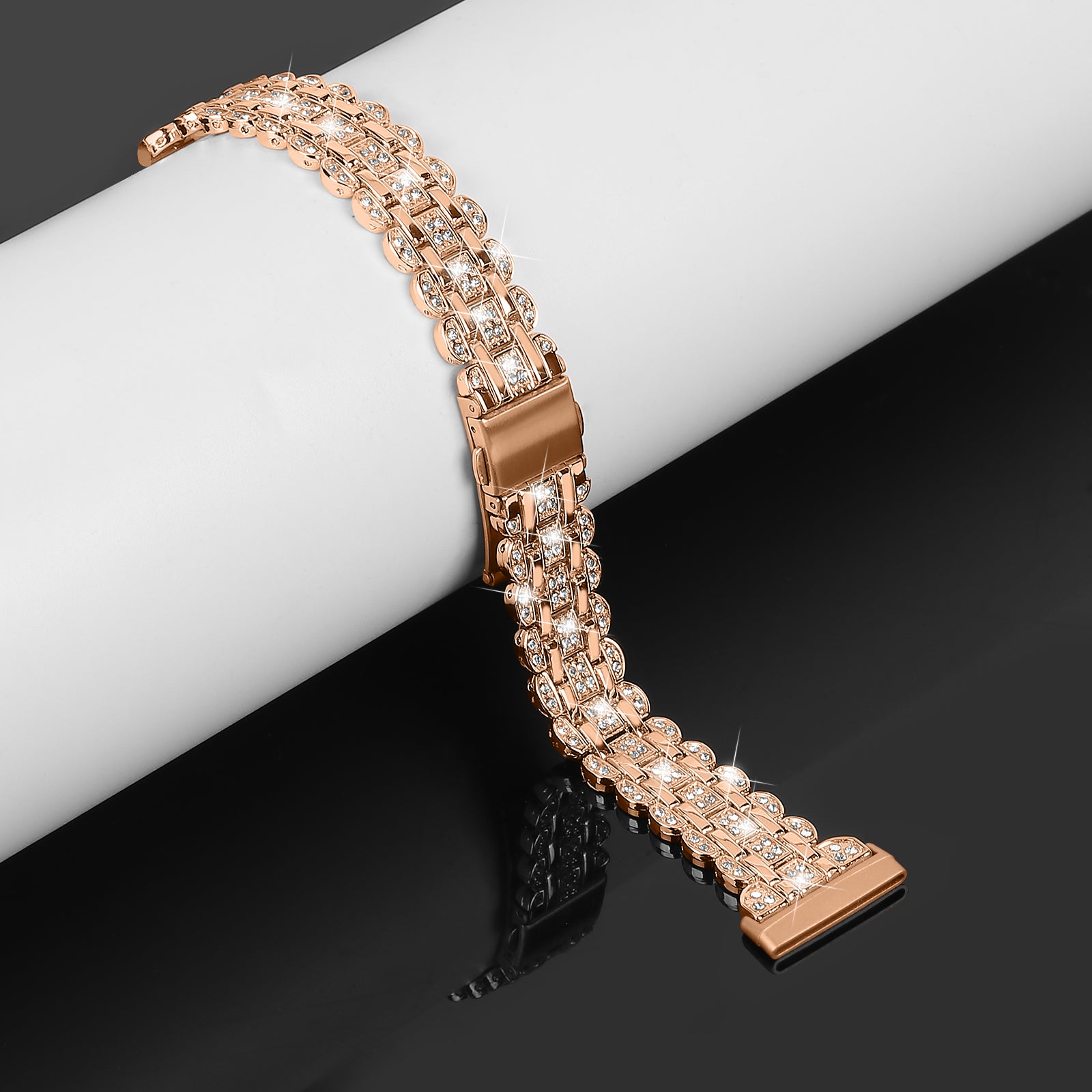 For Fitbit Versa 4 / Sense 2 Metal Wristband Rhinestone Decor Shiny Replacement Bracelet - Rose Gold