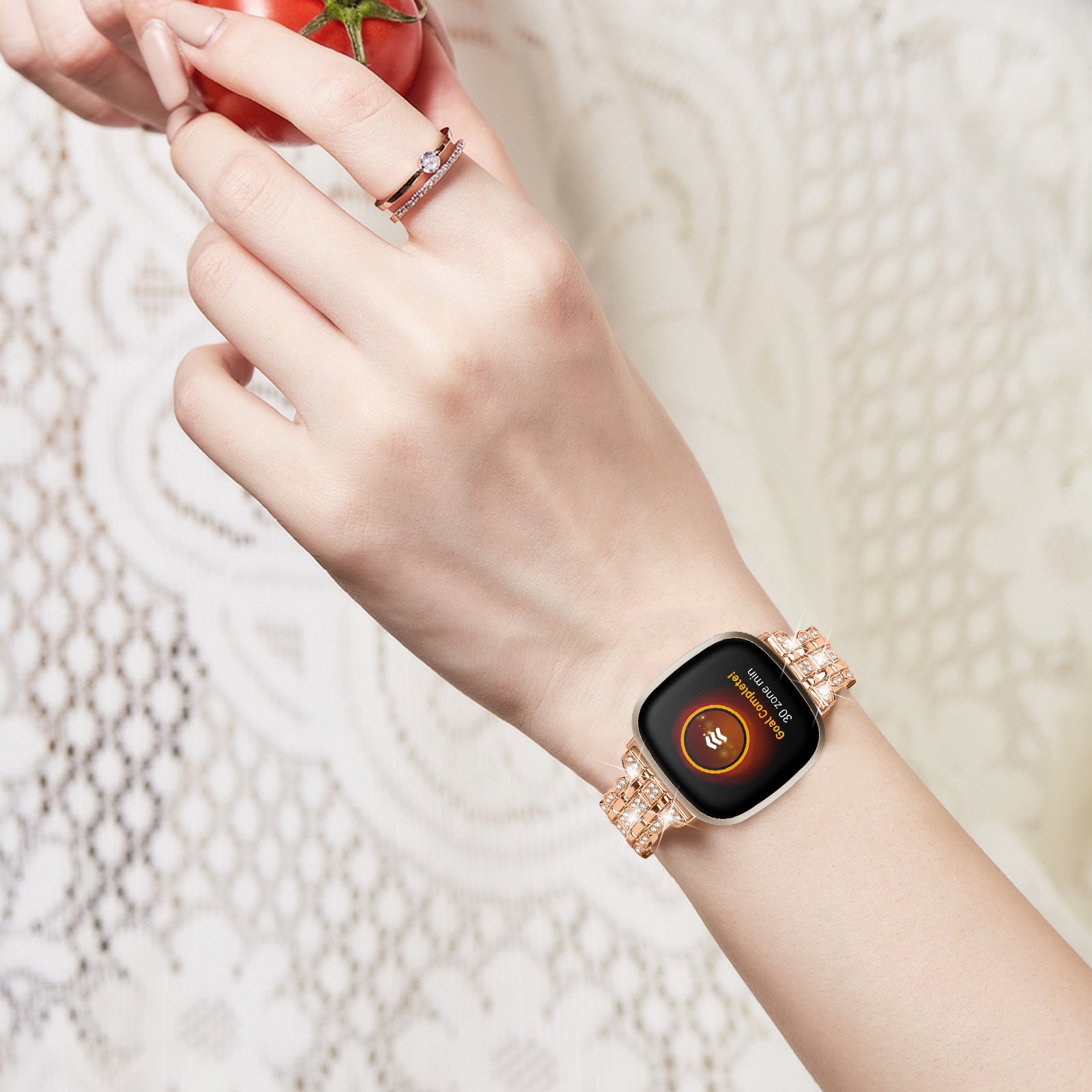For Fitbit Versa 4 / Sense 2 Metal Wristband Rhinestone Decor Shiny Replacement Bracelet - Rose Gold