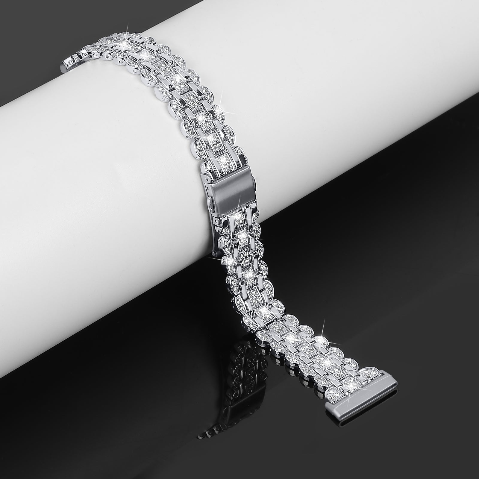 For Fitbit Versa 4 / Sense 2 Metal Wristband Rhinestone Decor Shiny Replacement Bracelet - Silver