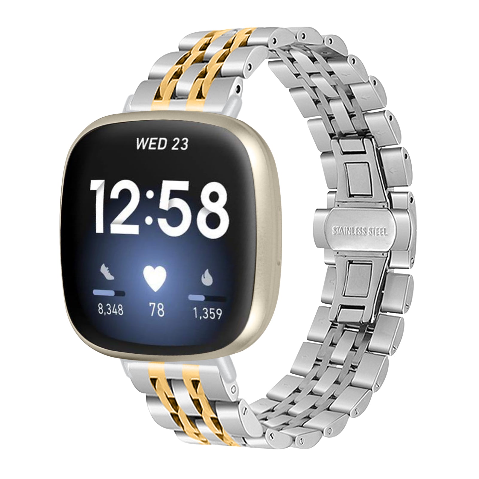 For Fitbit Sense 2 / Versa 4 Stainless Steel Watch Band Stylish 7 Beads Design Replacement Wrist Strap - Silver / Gold