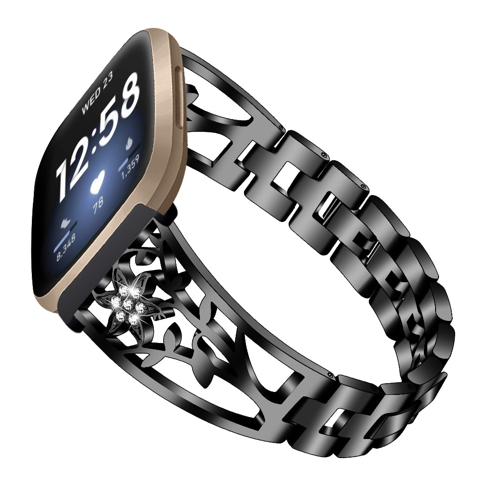 For Fitbit Versa 4 / Sense 2 Rhinestone Decor Stainless Steel Watch Strap Replacement Smartwatch Band - Black