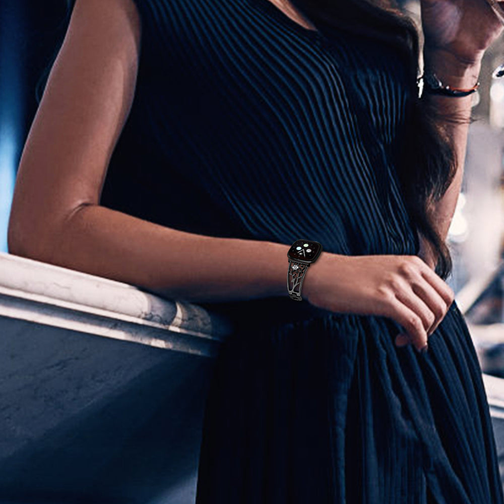 For Fitbit Versa 4 / Sense 2 Rhinestone Decor Stainless Steel Watch Strap Replacement Smartwatch Band - Black