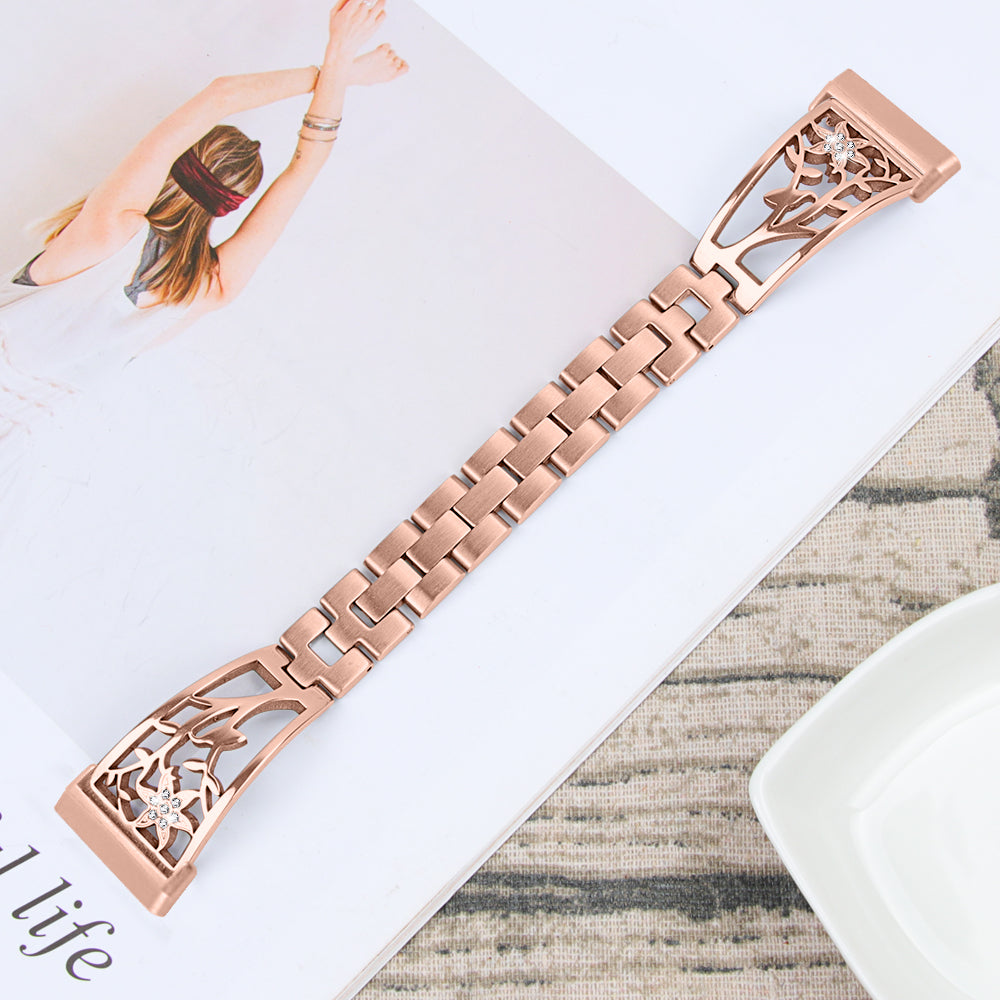 For Fitbit Versa 4 / Sense 2 Rhinestone Decor Stainless Steel Watch Strap Replacement Smartwatch Band - Rose Gold