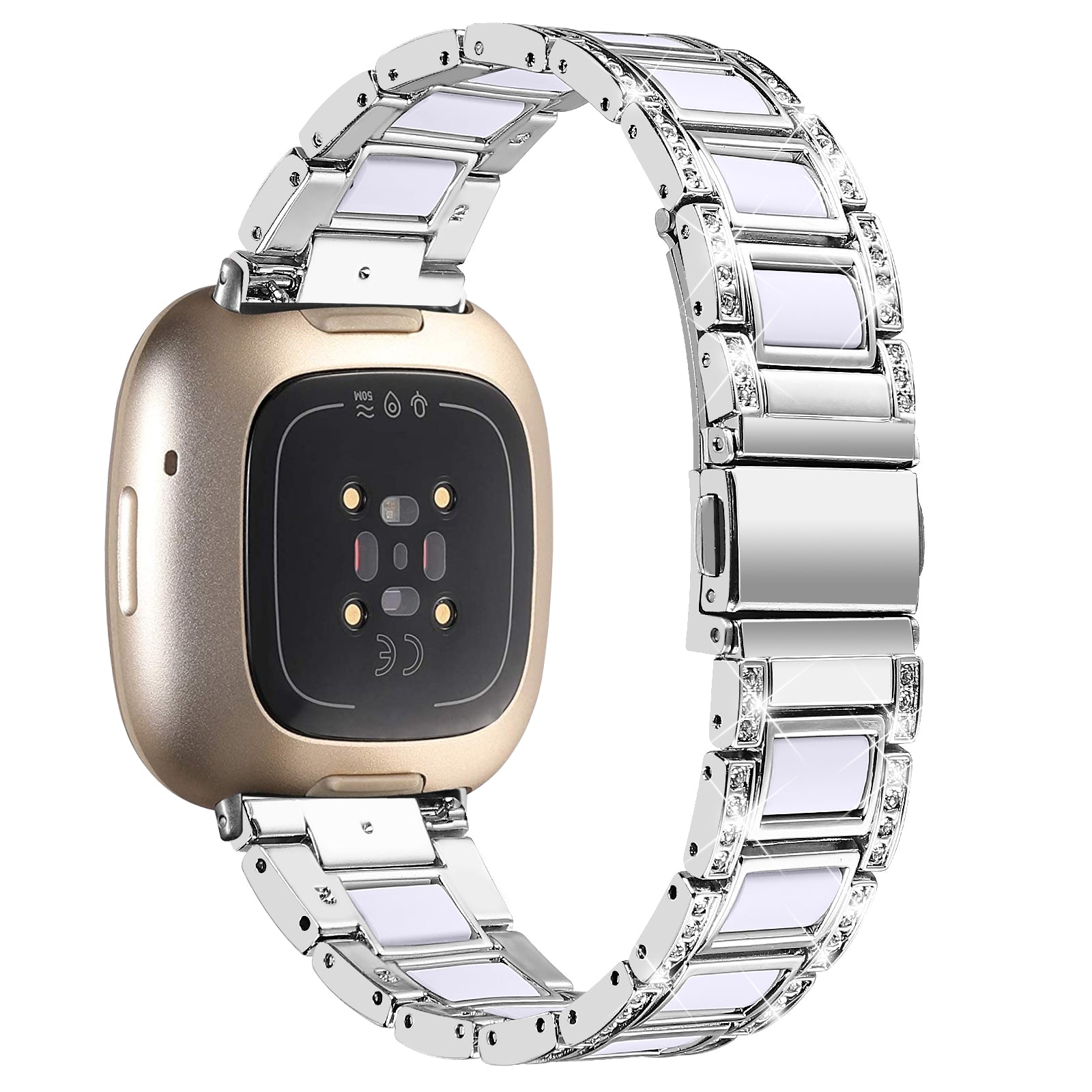 For Fitbit Versa 4 / Sense 2 Watch Band Stainless Steel Resin Strap Rhinestone Decor Bracelet - Silver / White