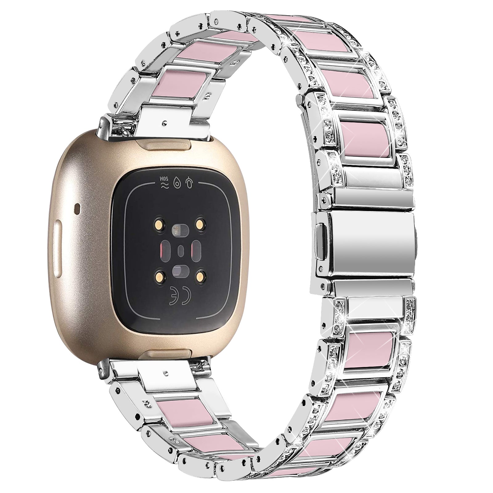 For Fitbit Versa 4 / Sense 2 Watch Band Stainless Steel Resin Strap Rhinestone Decor Bracelet - Silver / Pink