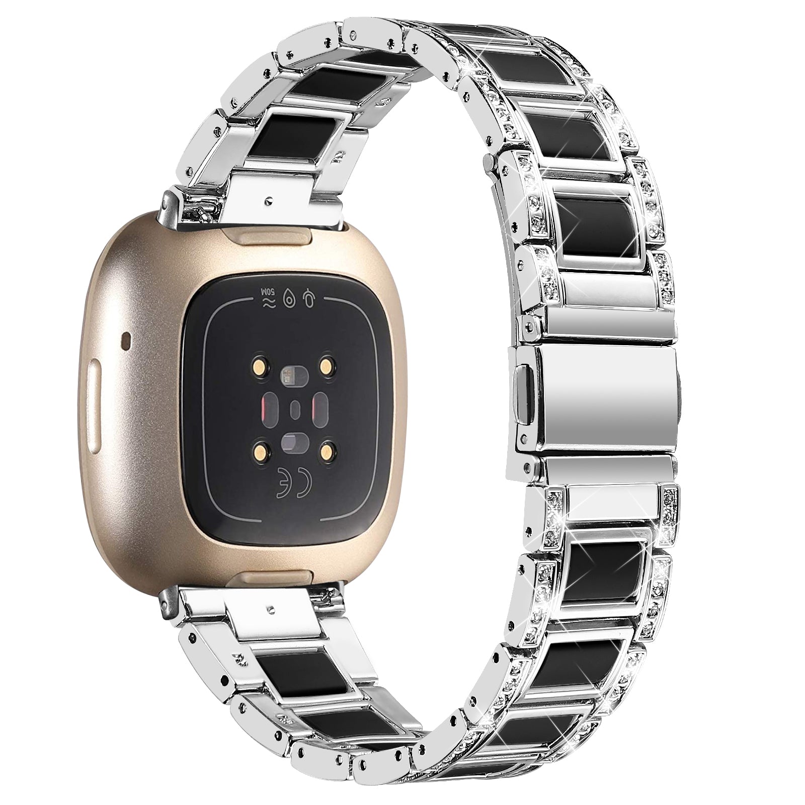 For Fitbit Versa 4 / Sense 2 Watch Band Stainless Steel Resin Strap Rhinestone Decor Bracelet - Silver / Black