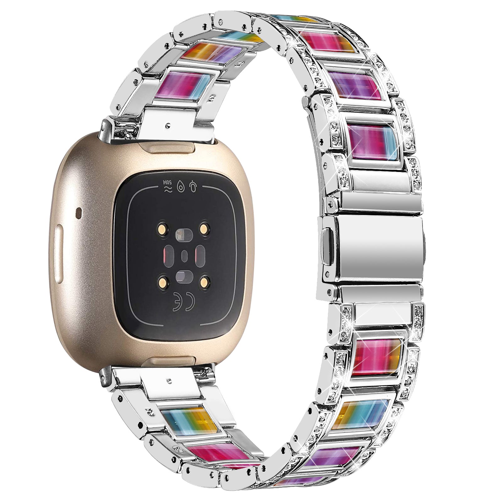 For Fitbit Versa 4 / Sense 2 Watch Band Stainless Steel Resin Strap Rhinestone Decor Bracelet - Silver / Multi-color