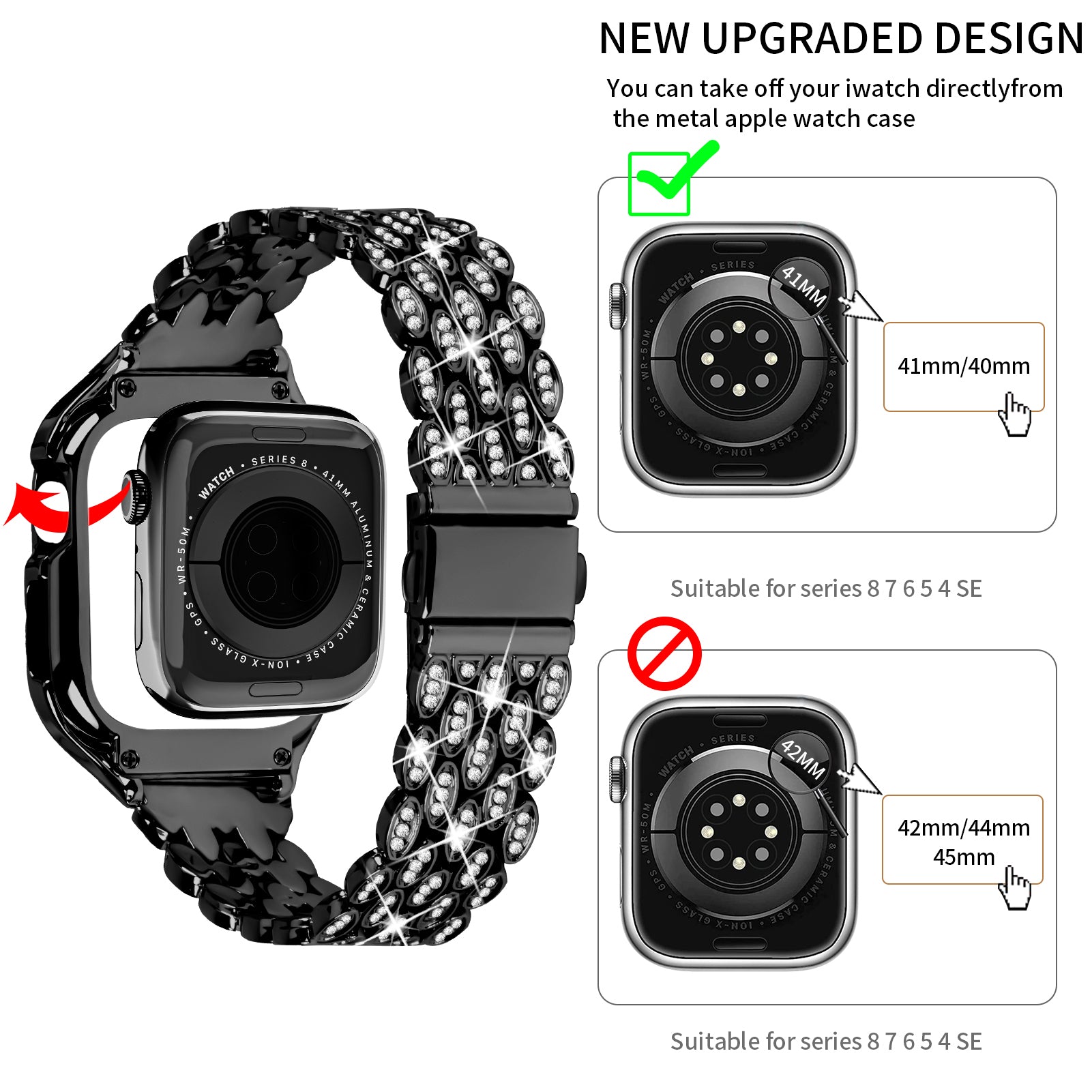 For Apple Watch Series 6 5 4 SE (2022) SE 40mm Watch Band Stainless Steel Rhinestone Decor Strap with Watch Case - Black