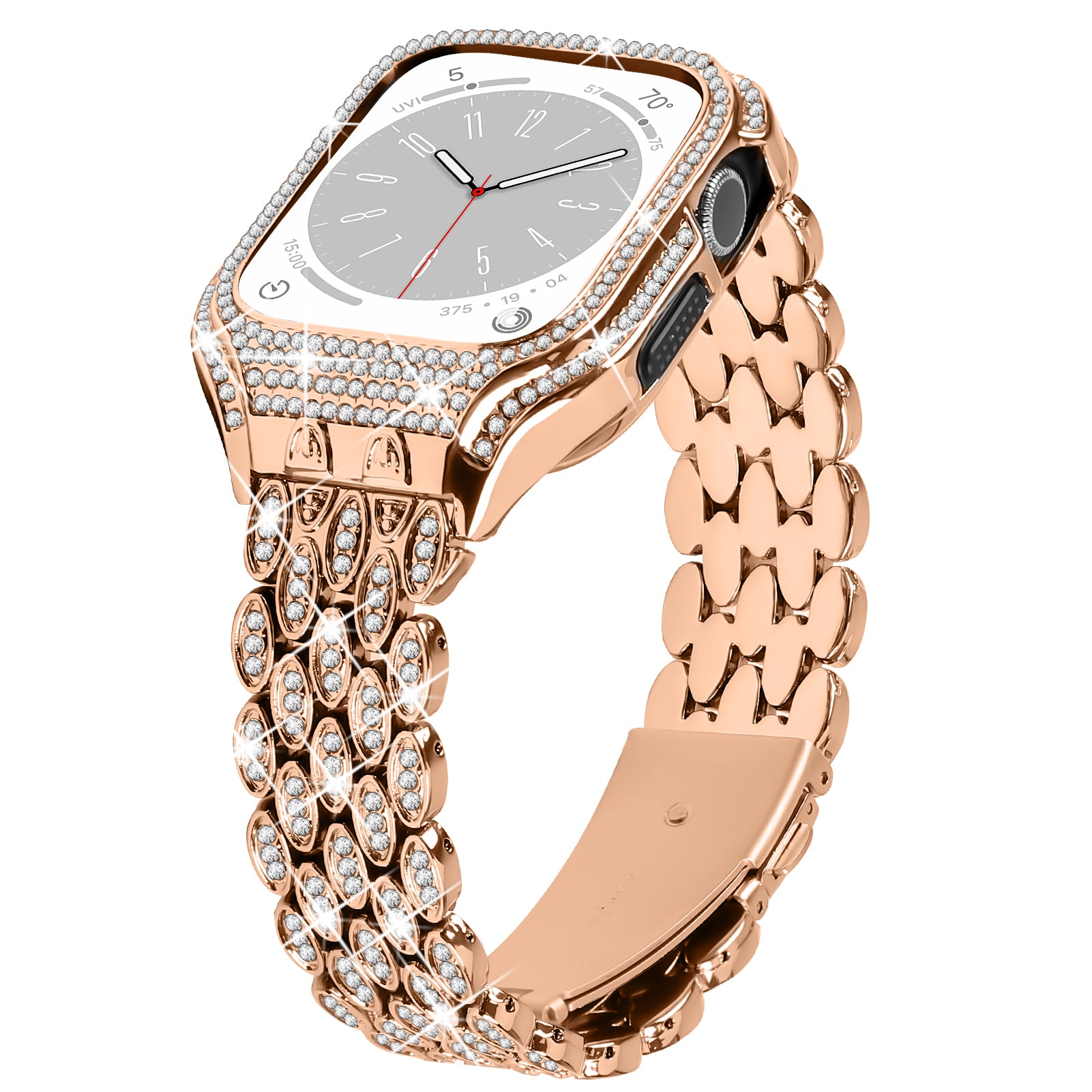 For Apple Watch Series 6 5 4 SE (2022) SE 40mm Watch Band Stainless Steel Rhinestone Decor Strap with Watch Case - Rose Gold