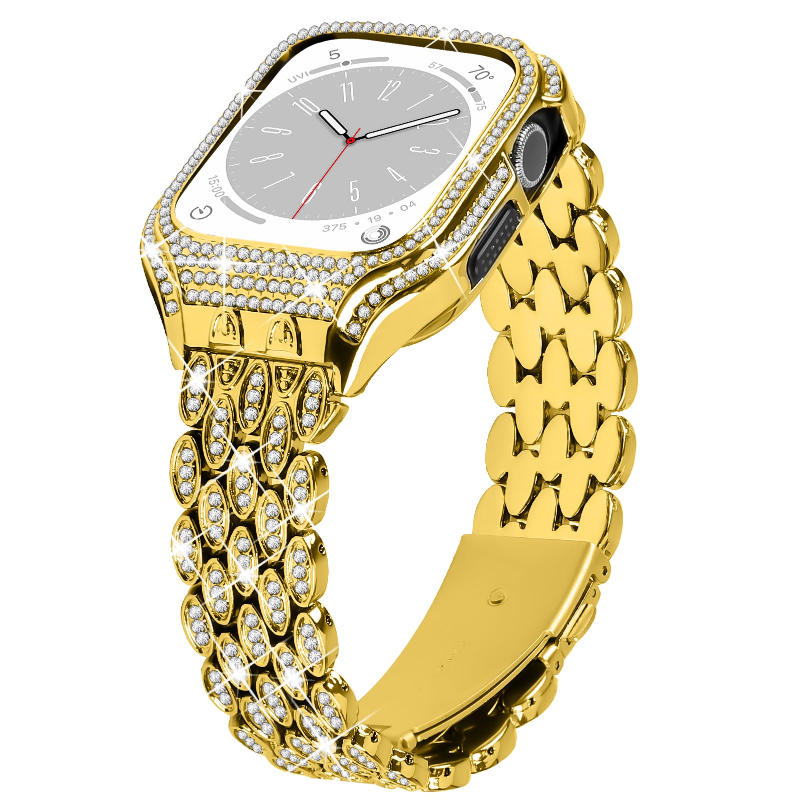 For Apple Watch Series 8 7 41mm Stainless Steel Watch Band Rhinestone Decor Strap with Protective Case - Gold