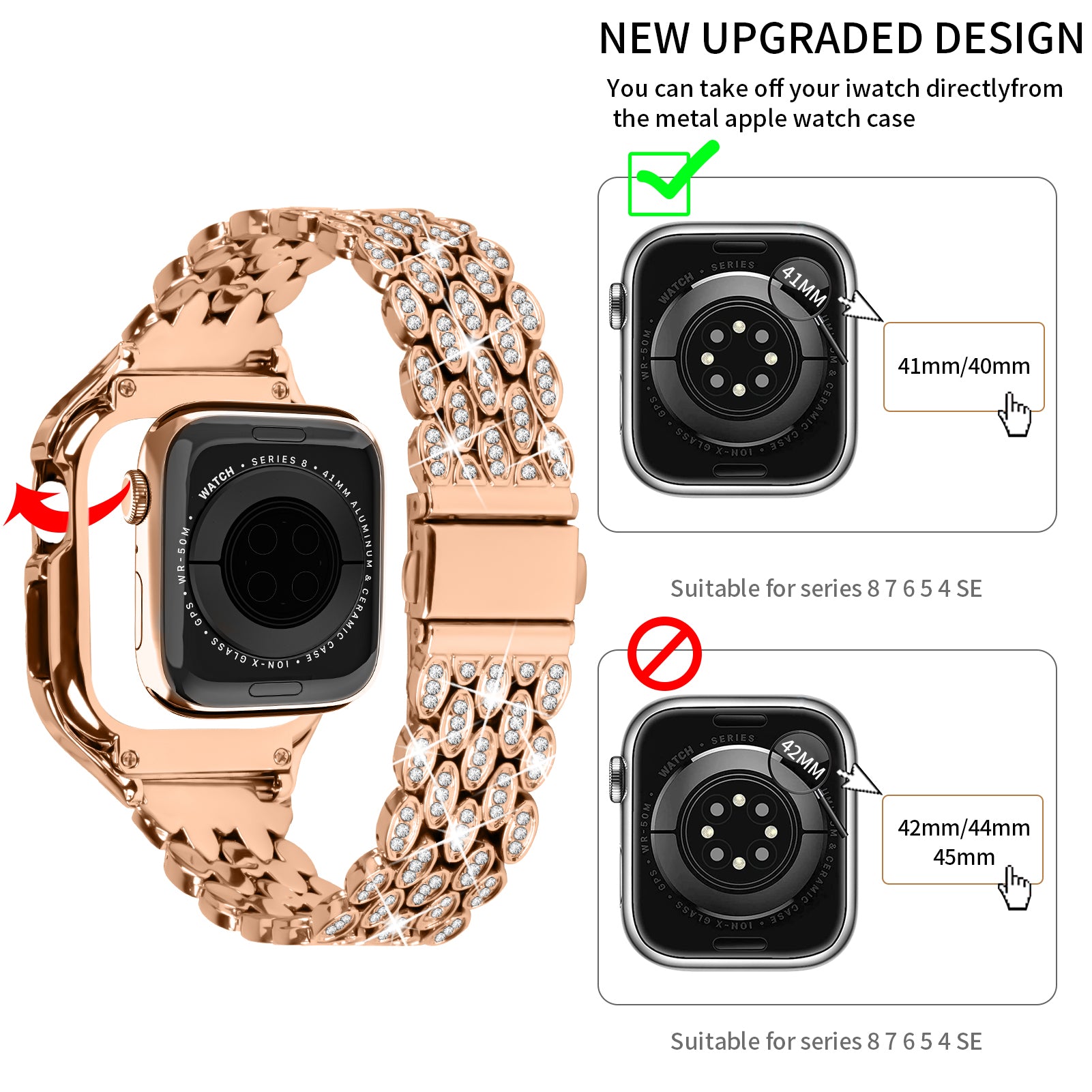 For Apple Watch Series 8 7 41mm Stainless Steel Watch Band Rhinestone Decor Strap with Protective Case - Rose Gold