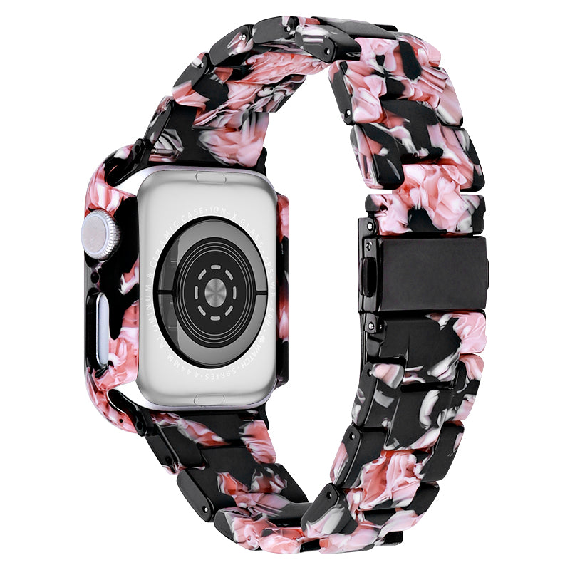 Resin Watch Strap Set with Case Cover for Apple Watch Ultra 49mm Replacement Watch Band - Black Pink Flower - UNIQBUY