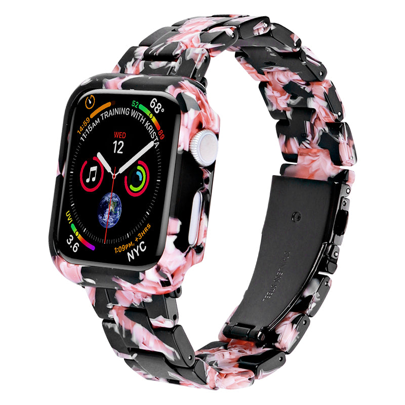 Resin Watch Strap Set with Case Cover for Apple Watch Ultra 49mm Replacement Watch Band - Black Pink Flower - UNIQBUY