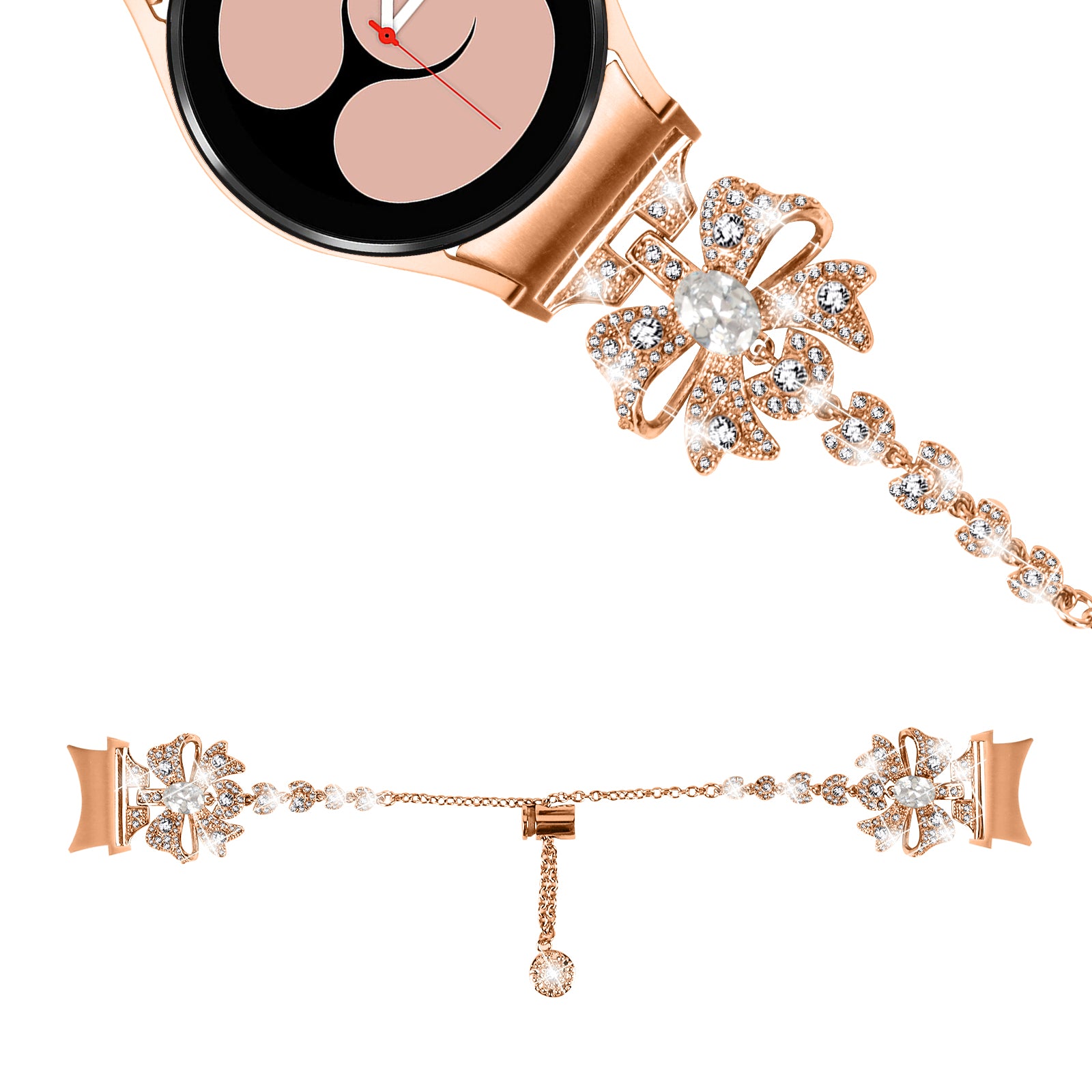 For Samsung Galaxy Watch4 40 / 44mm / Watch 5 40 / 44mm / Watch4 Classic 42 / 46mm Stainless Steel Watch Band Rhinestone Bowknot Strap with Connector - Rose Gold