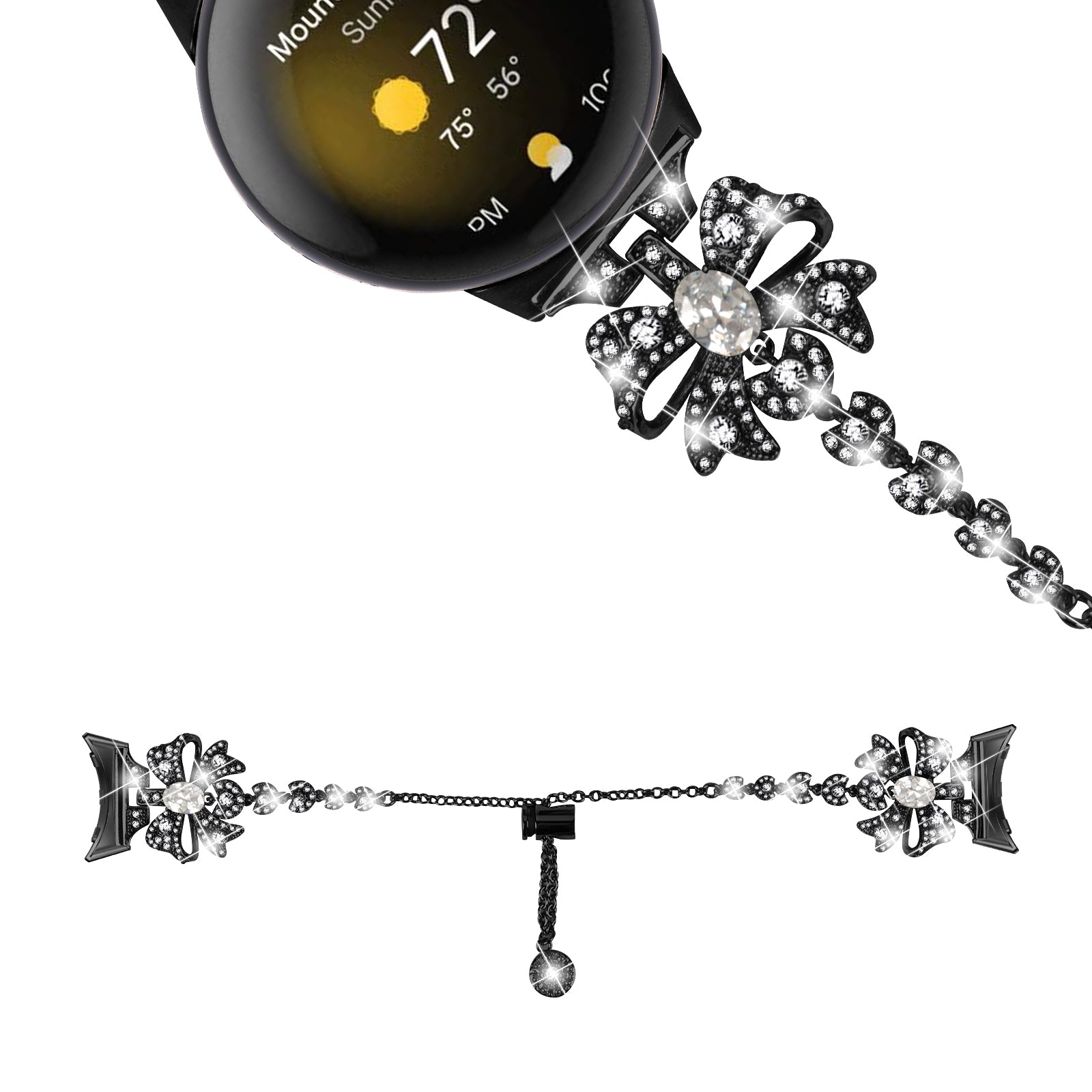 For Google Pixel Watch Rhinestone Bowknot Stainless Steel Watch Strap Adjustable Bracelet Wristband - Black