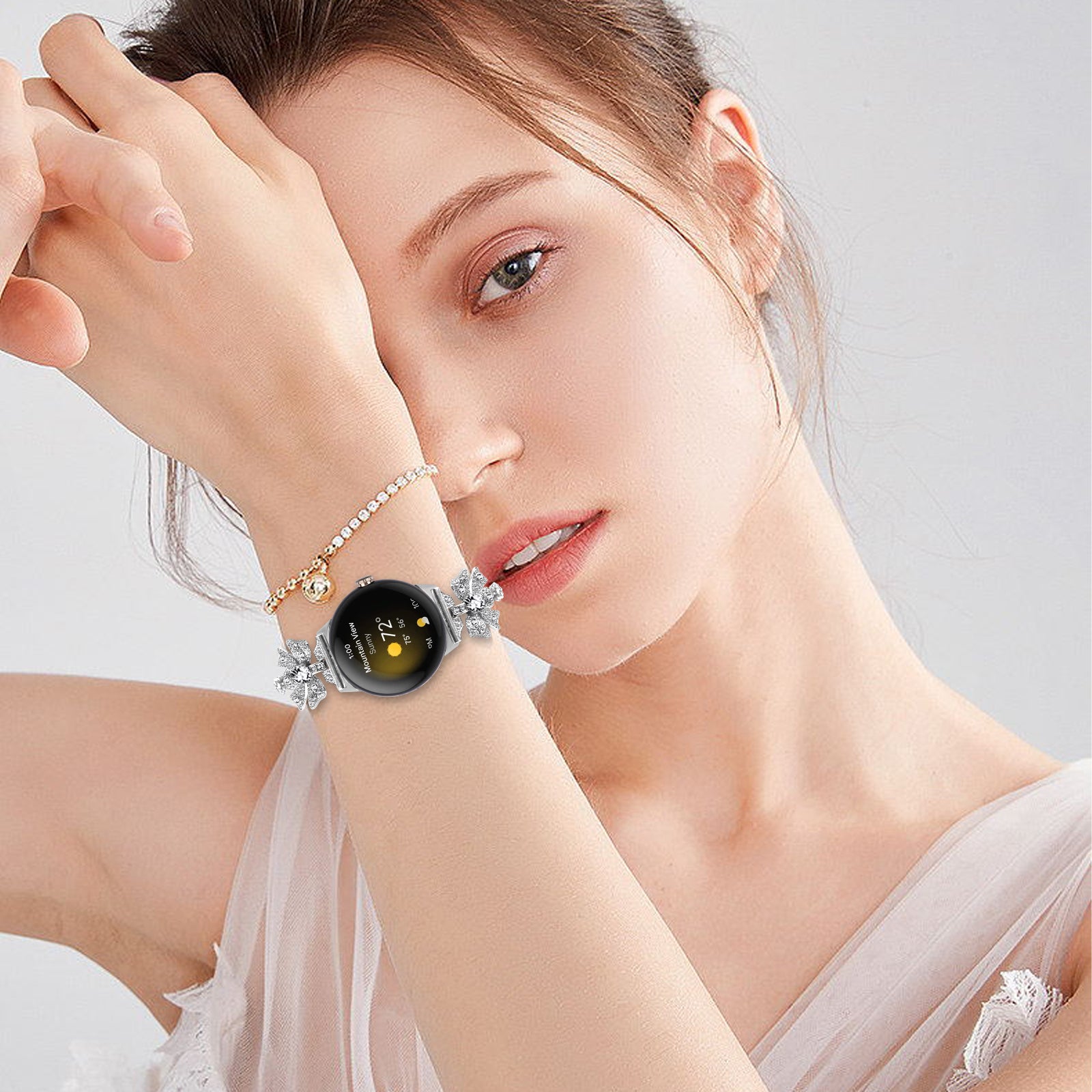 For Google Pixel Watch Rhinestone Bowknot Stainless Steel Watch Strap Adjustable Bracelet Wristband - Silver