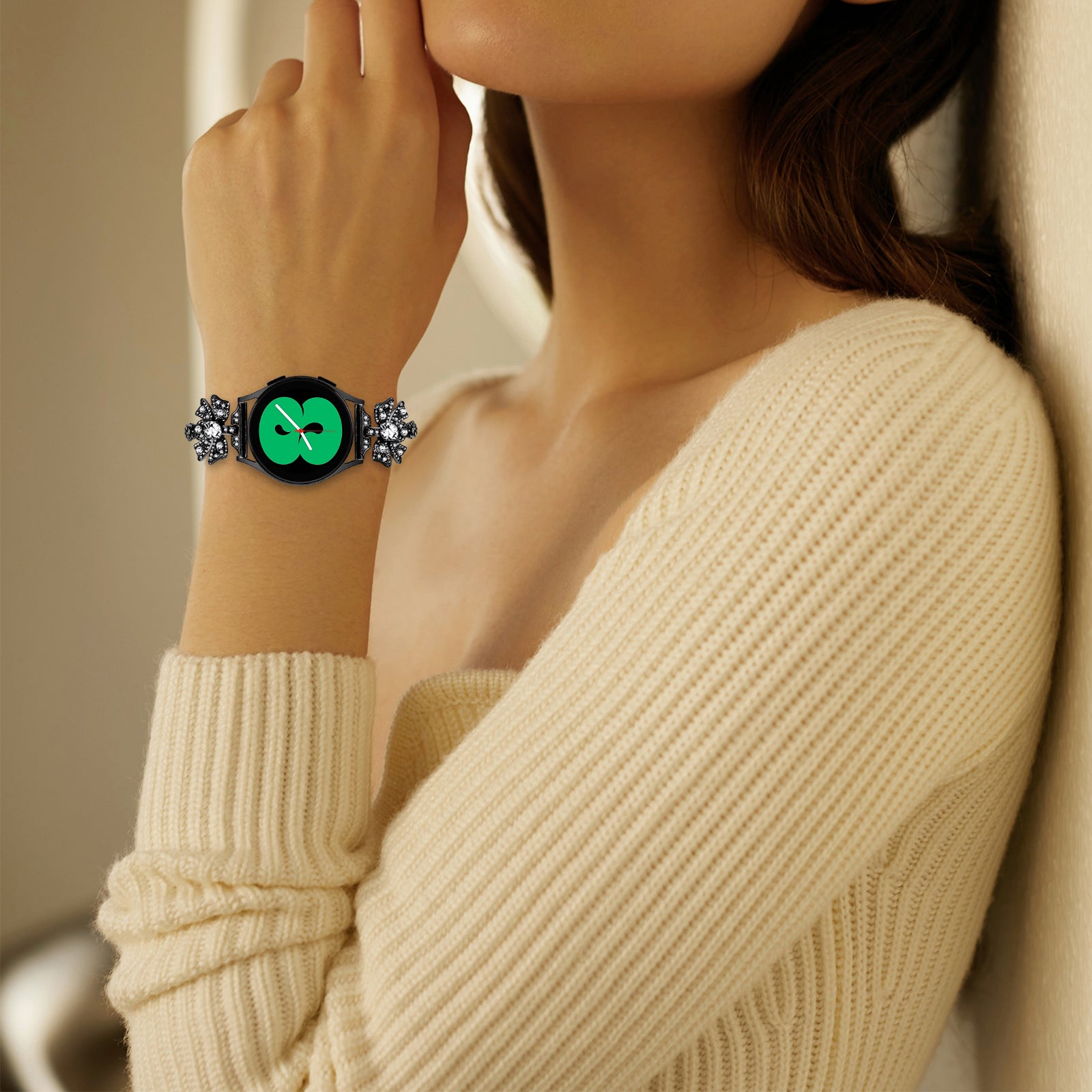 For Samsung Galaxy Watch6 40 / 44mm / Watch6 Classic 43 / 47mm Stainless Steel Watchband 20mm Rhinestone Bowknot Wrist Strap - Black