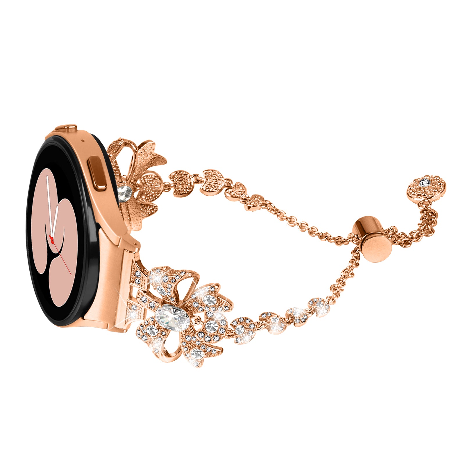 For Samsung Galaxy Watch6 40 / 44mm / Watch6 Classic 43 / 47mm Stainless Steel Watch Strap 20mm Rhinestone Bowknot Watchband - Rose Gold